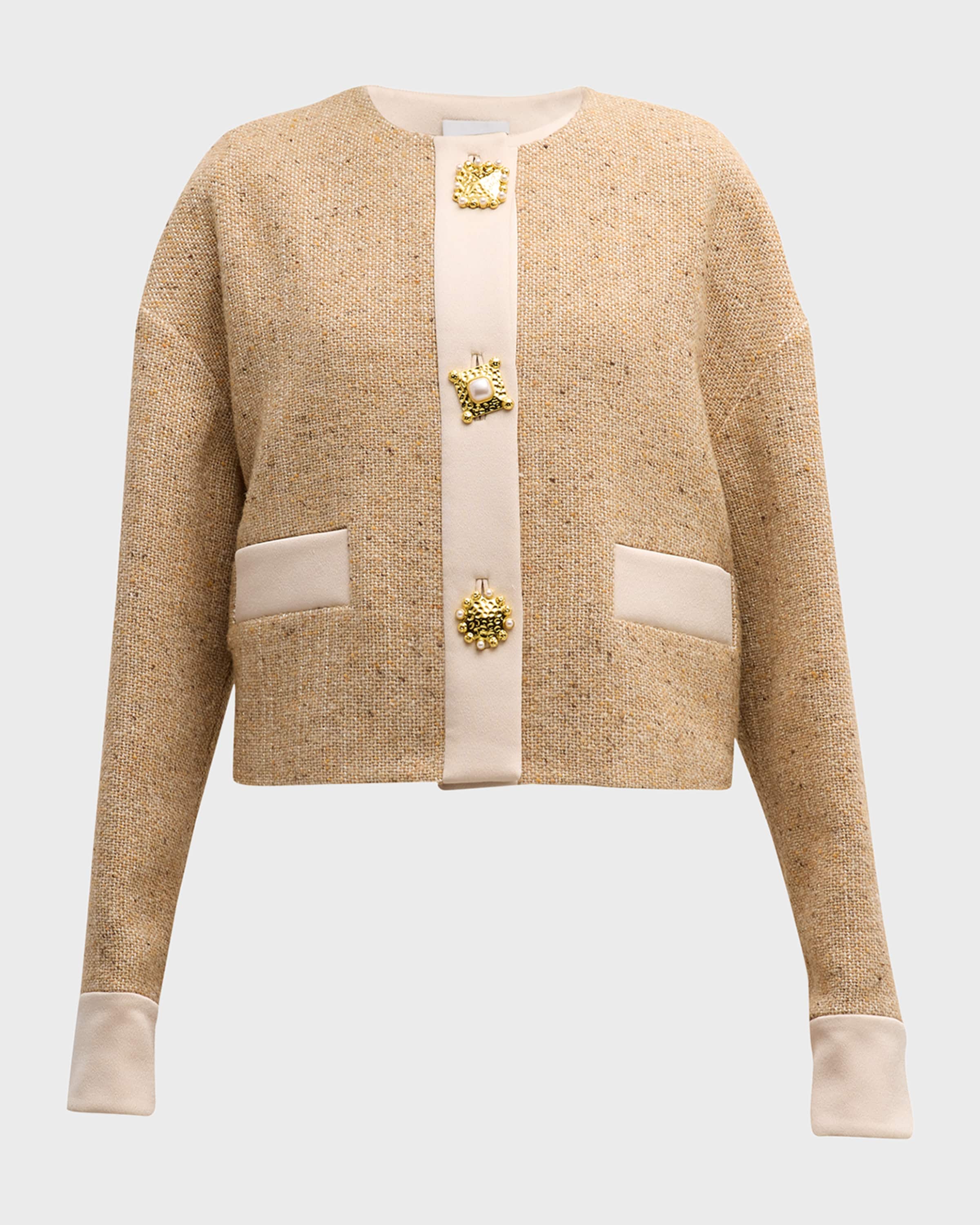 St. John Satin-Trim Button-Front Italian Tweed Jacket