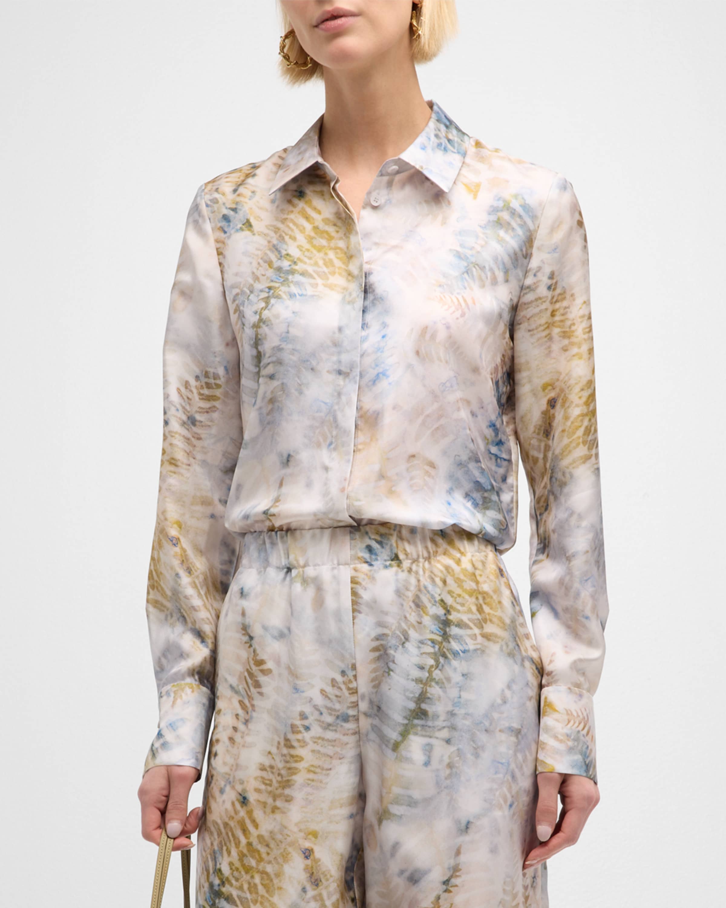 Lafayette 148 New York Scottie Fern-Print Button-Down Silk Blouse