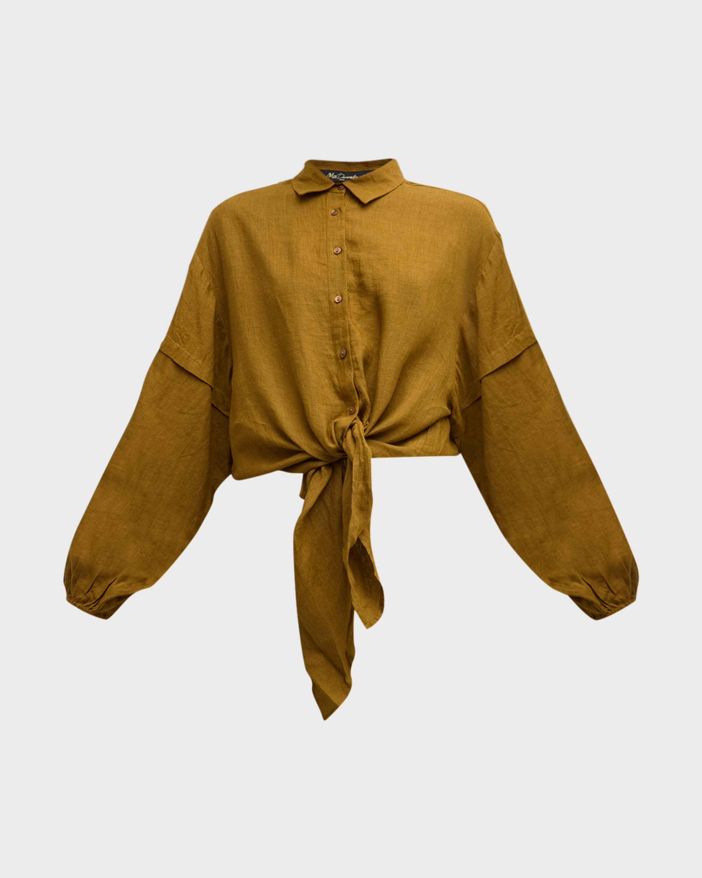 Mes Demoiselles Cerea Tie-Front Button-Down Linen Shirt