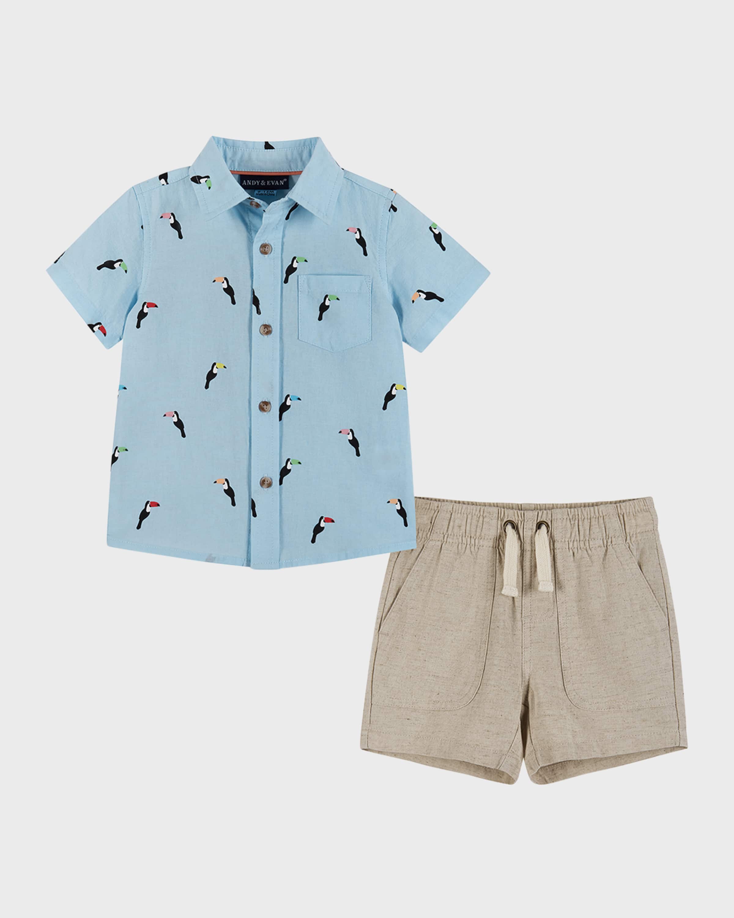 Andy & Evan Boy's Parrot-Print Button Down Shirt & Shorts Set, Size Newborn-24M