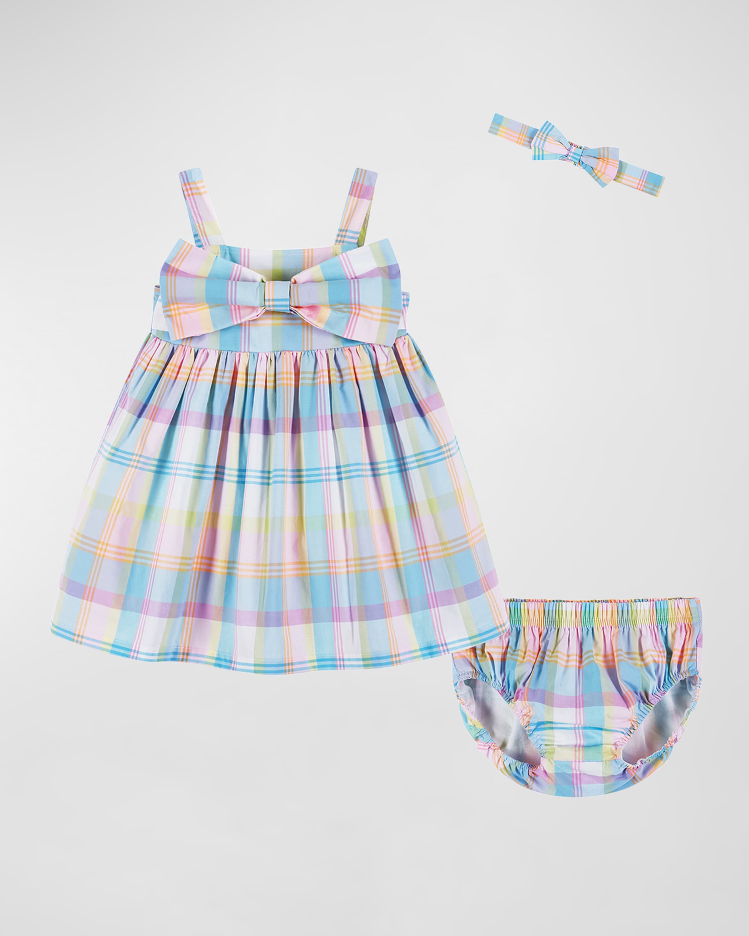 Andy & Evan Girl's Baby Doll Plaid-Print Dress W/ Bow & Bloomers, Size Newborn-24M