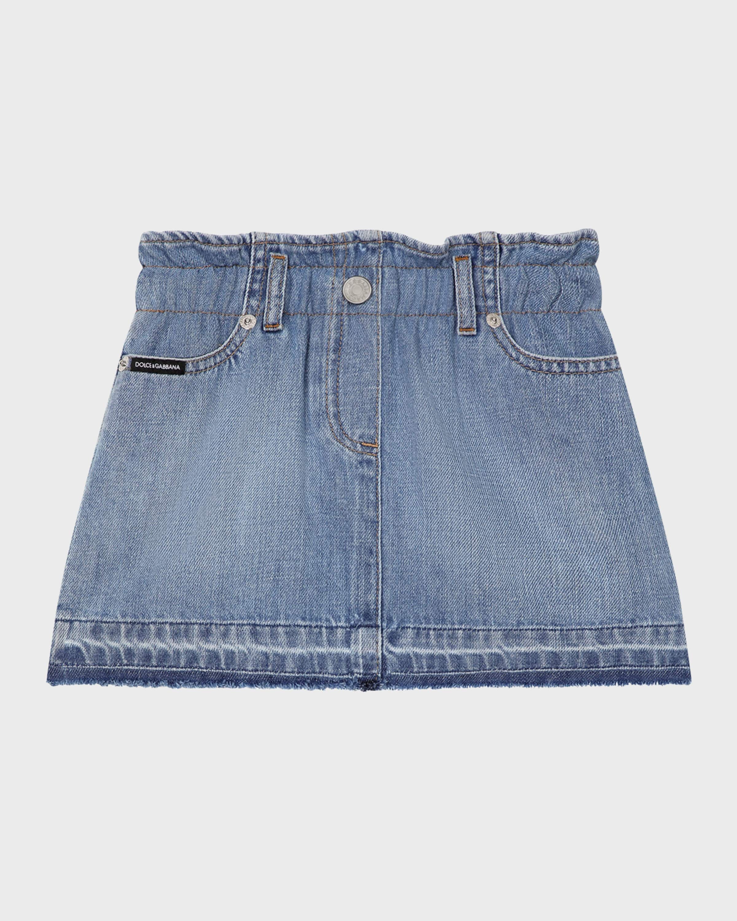 Dolce&Gabbana Girl's Logo-Plaque Paperbag Denim Skirt, Size 8-14