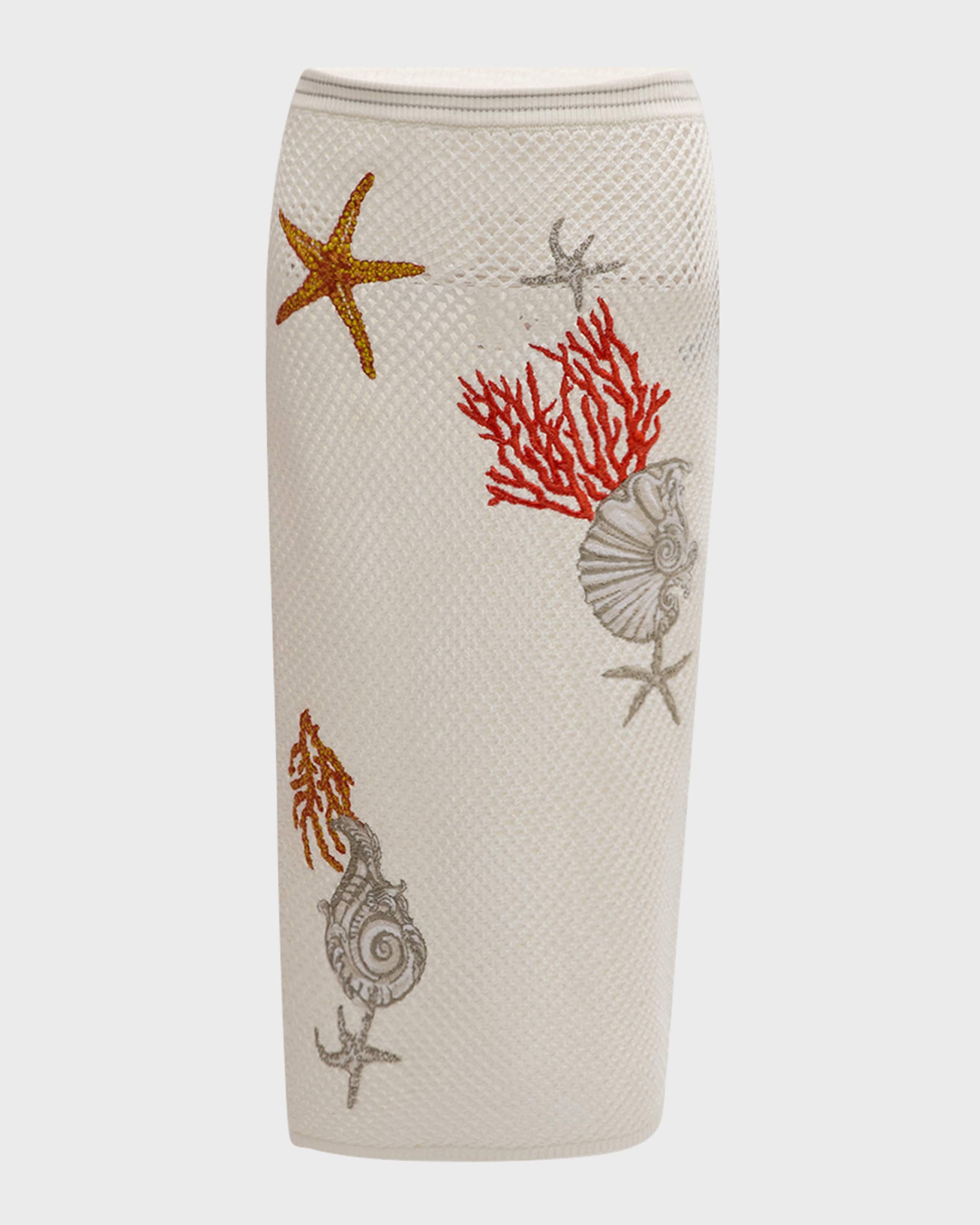 Versace Coral Embroidered Crochet-Knit Skirt