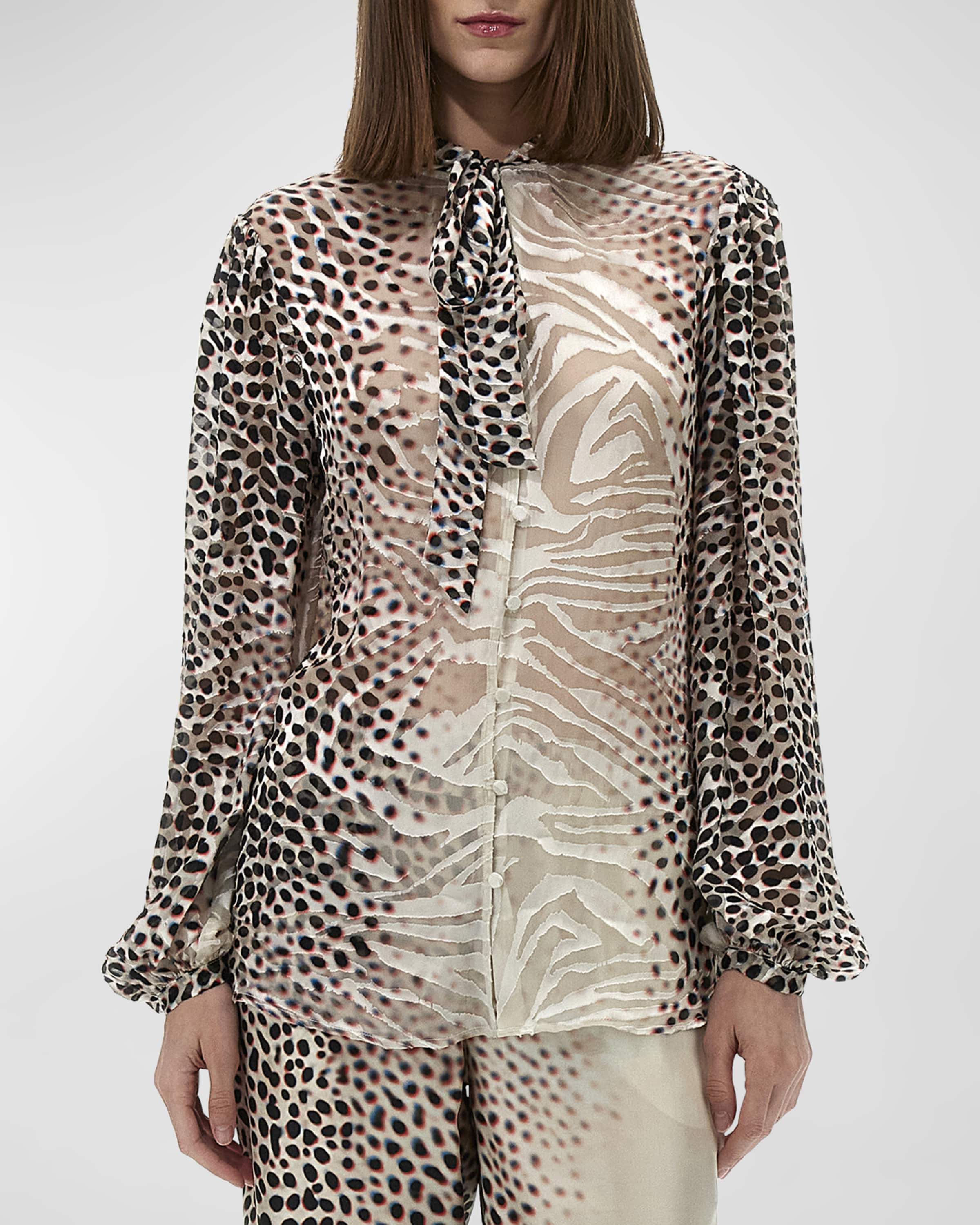 Roberto Cavalli Animal Print Sheer Button Down Blouse