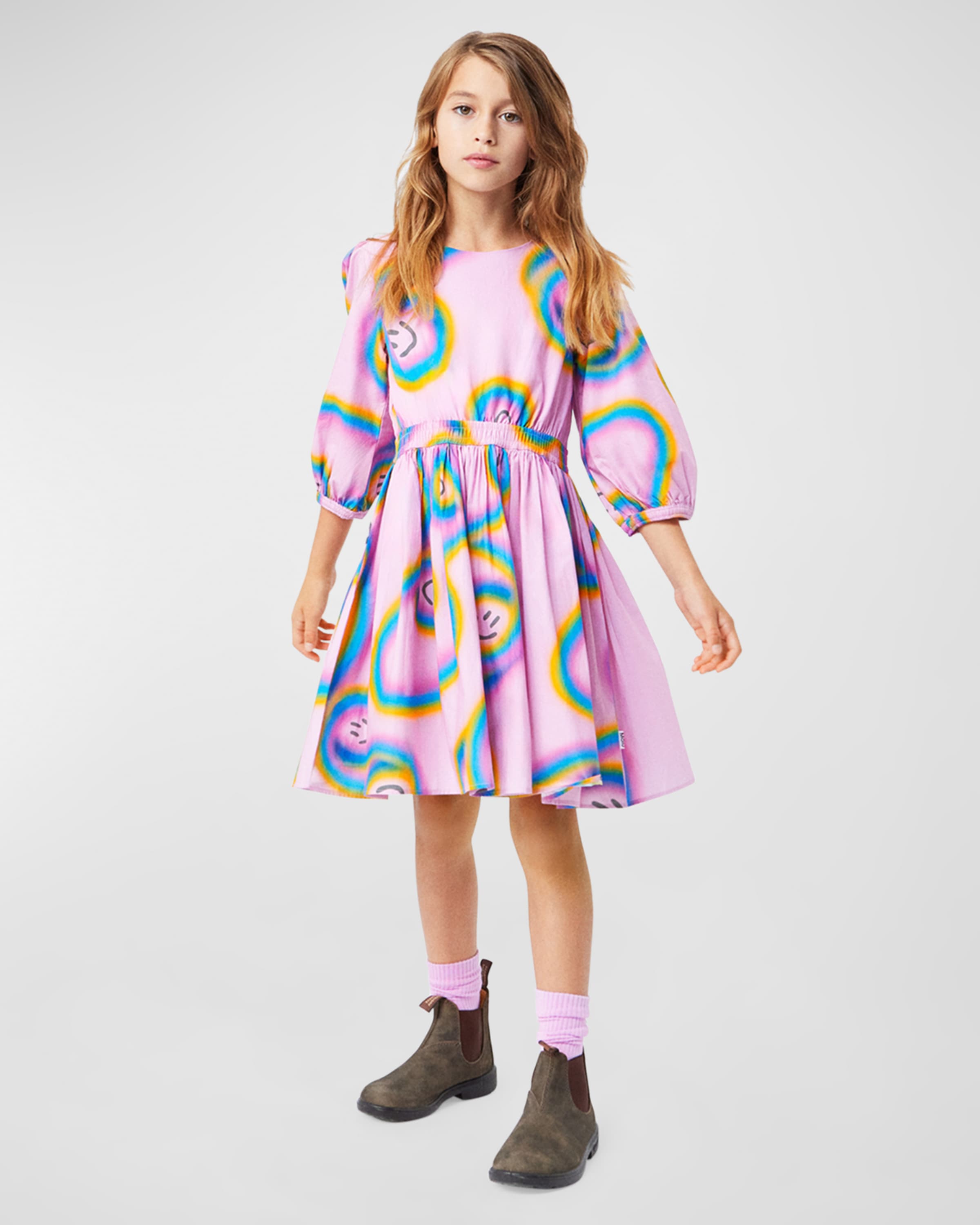 Molo Girl's Choly Happy Face Puff Sleeve Dress, Size 3T-6