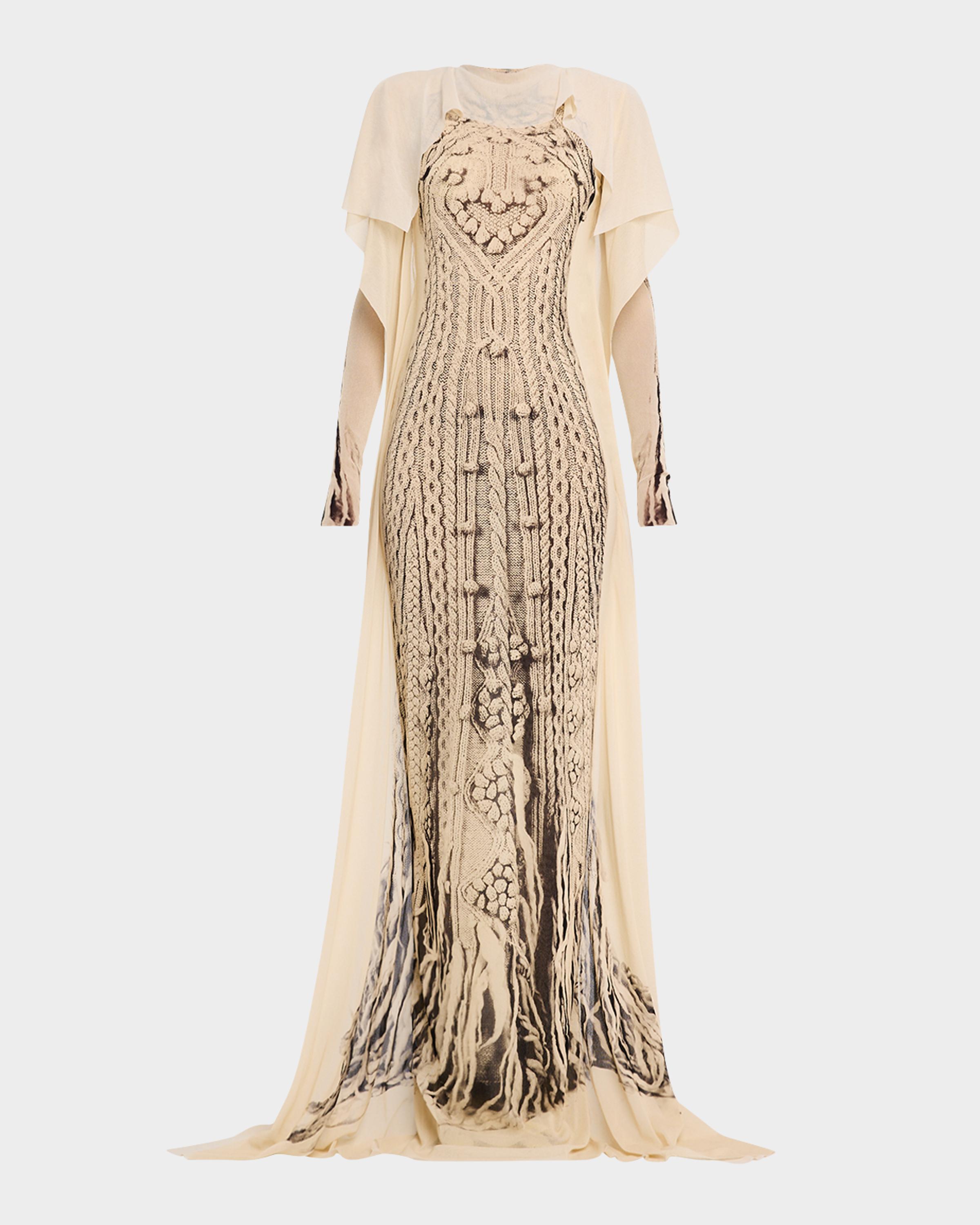 Jean Paul Gaultier Trompe L'oeil Aran Knit Printed Mesh Maxi Dress