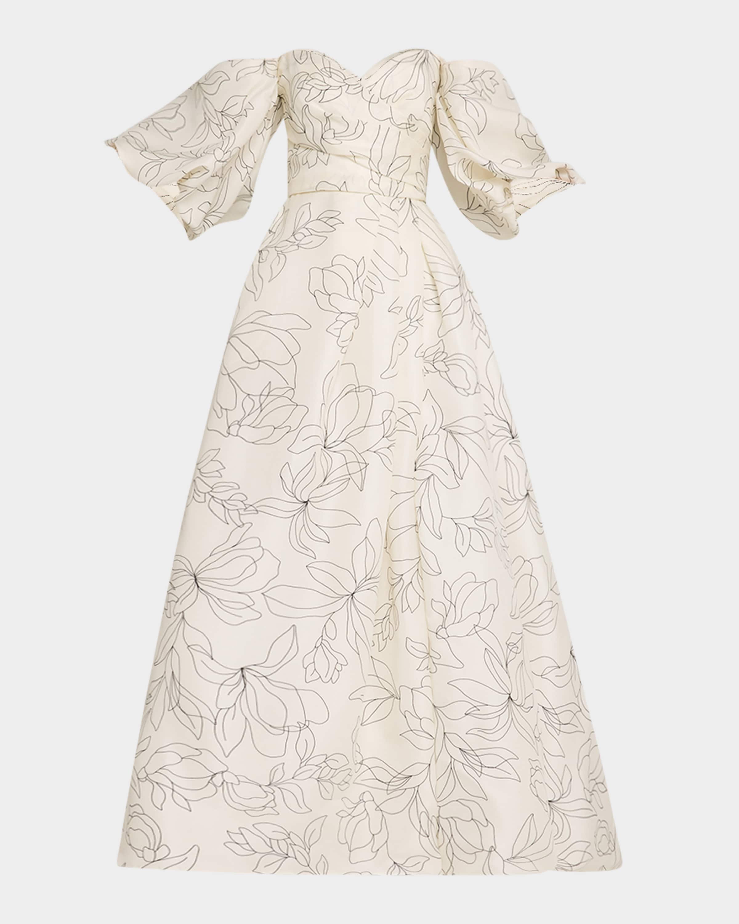 Off-The-Shoulder Floral Blouson-Sleeve Ball Gown