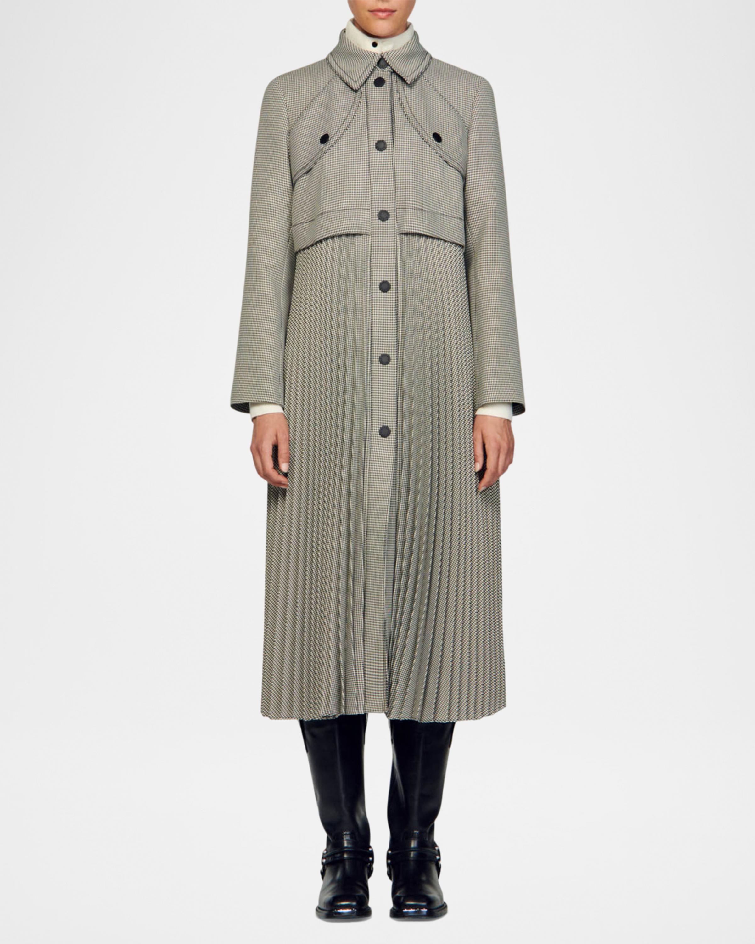 Sandro Mathilda Pleated Houndstooth Trench Coat | Neiman Marcus