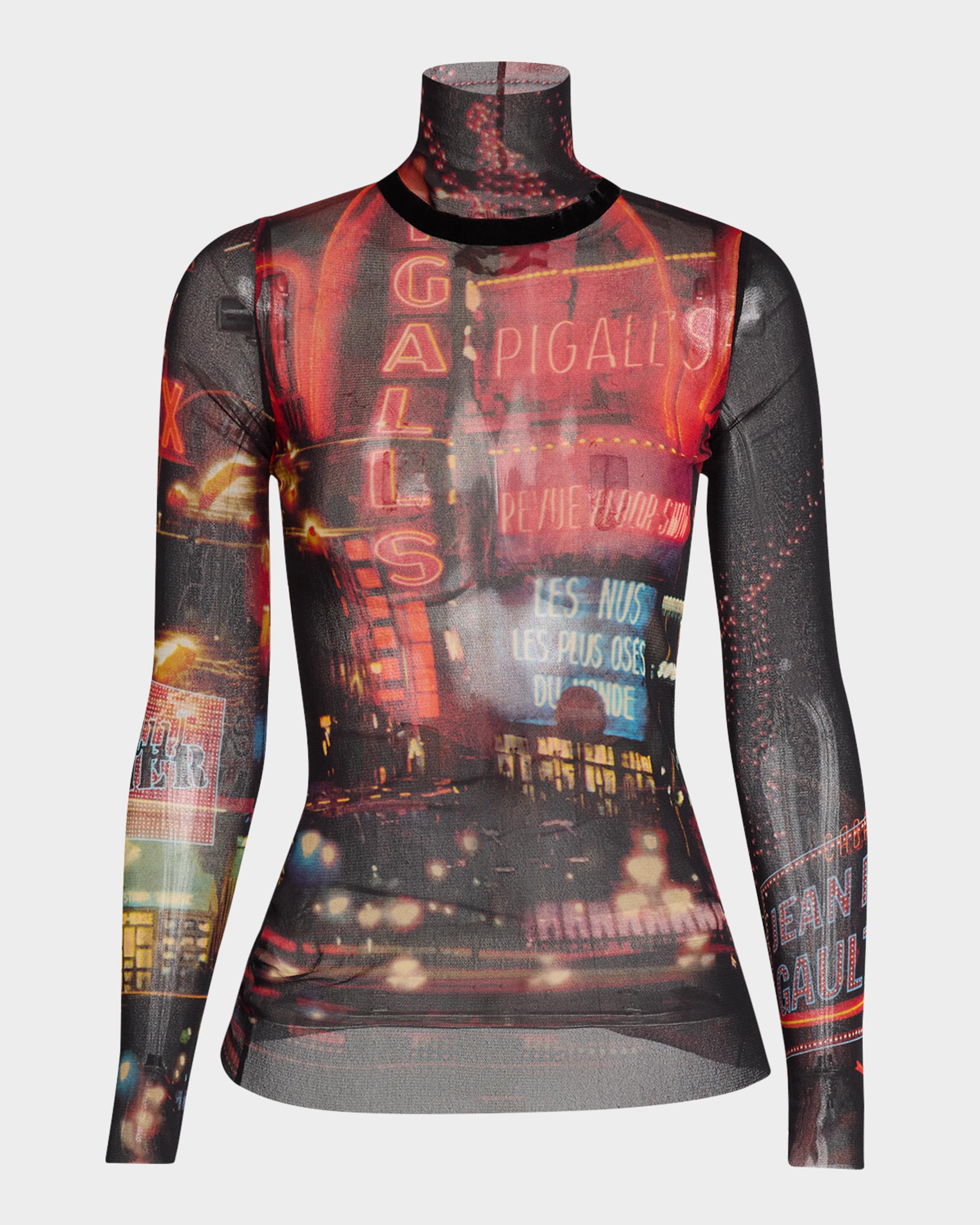 Jean Paul Gaultier Pigalle-Print Turtleneck Mesh Top | Neiman Marcus