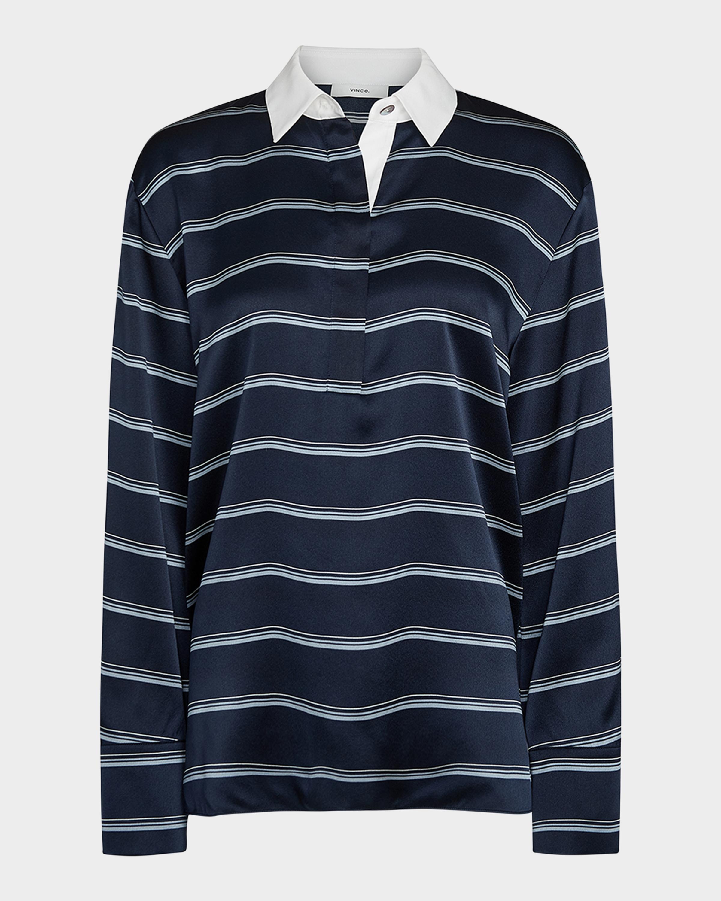 Vince Long-Sleeve Stripe Silk Rugby Shirt | Neiman Marcus