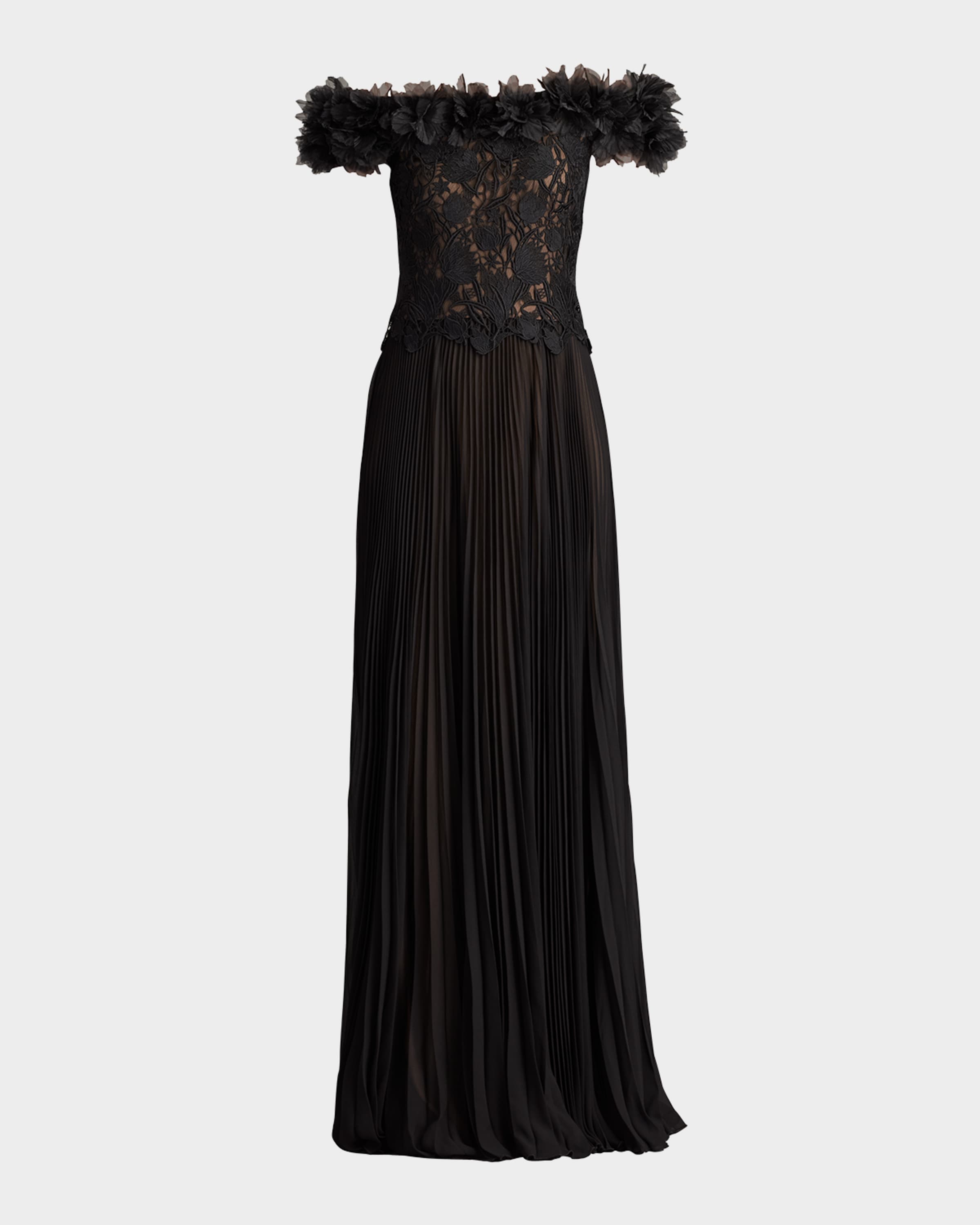 Tadashi Shoji Off-Shoulder Pleated Chiffon & Lace Gown | Neiman Marcus