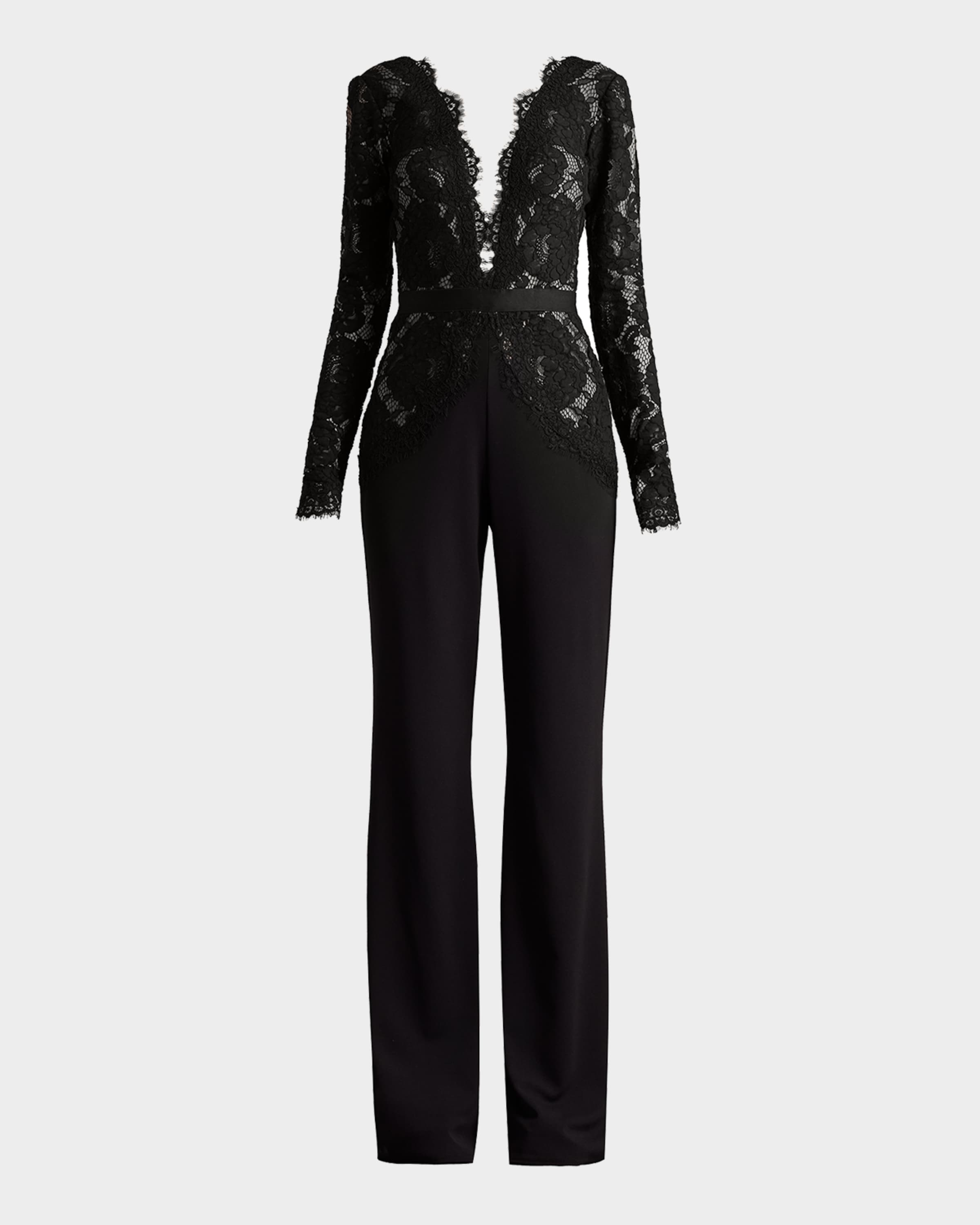 Tadashi Shoji Amaris Plunging Illusion Lace & Crepe Jumpsuit