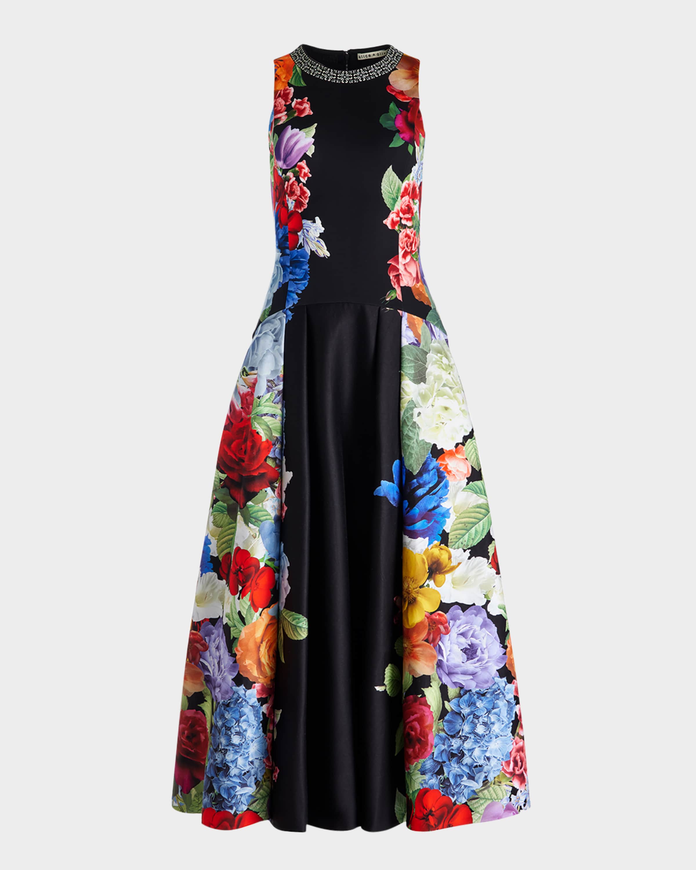 ALICE + OLIVIA Adley Floral Drop-Waist Midi Dress | Neiman Marcus