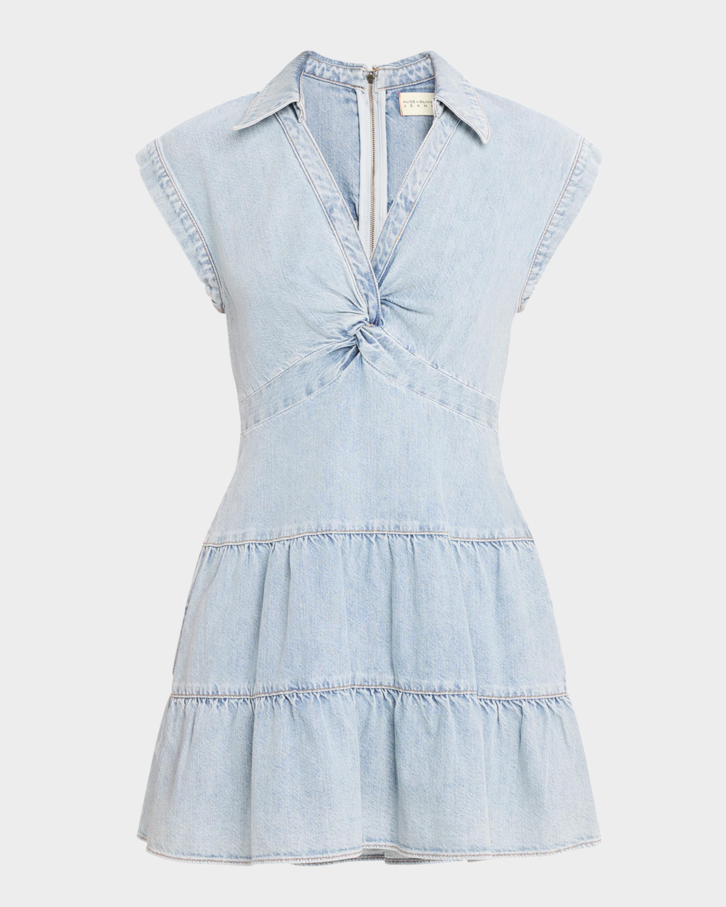 ALICE + OLIVIA Mila Deep V Twist Denim Mini Dress | Neiman Marcus