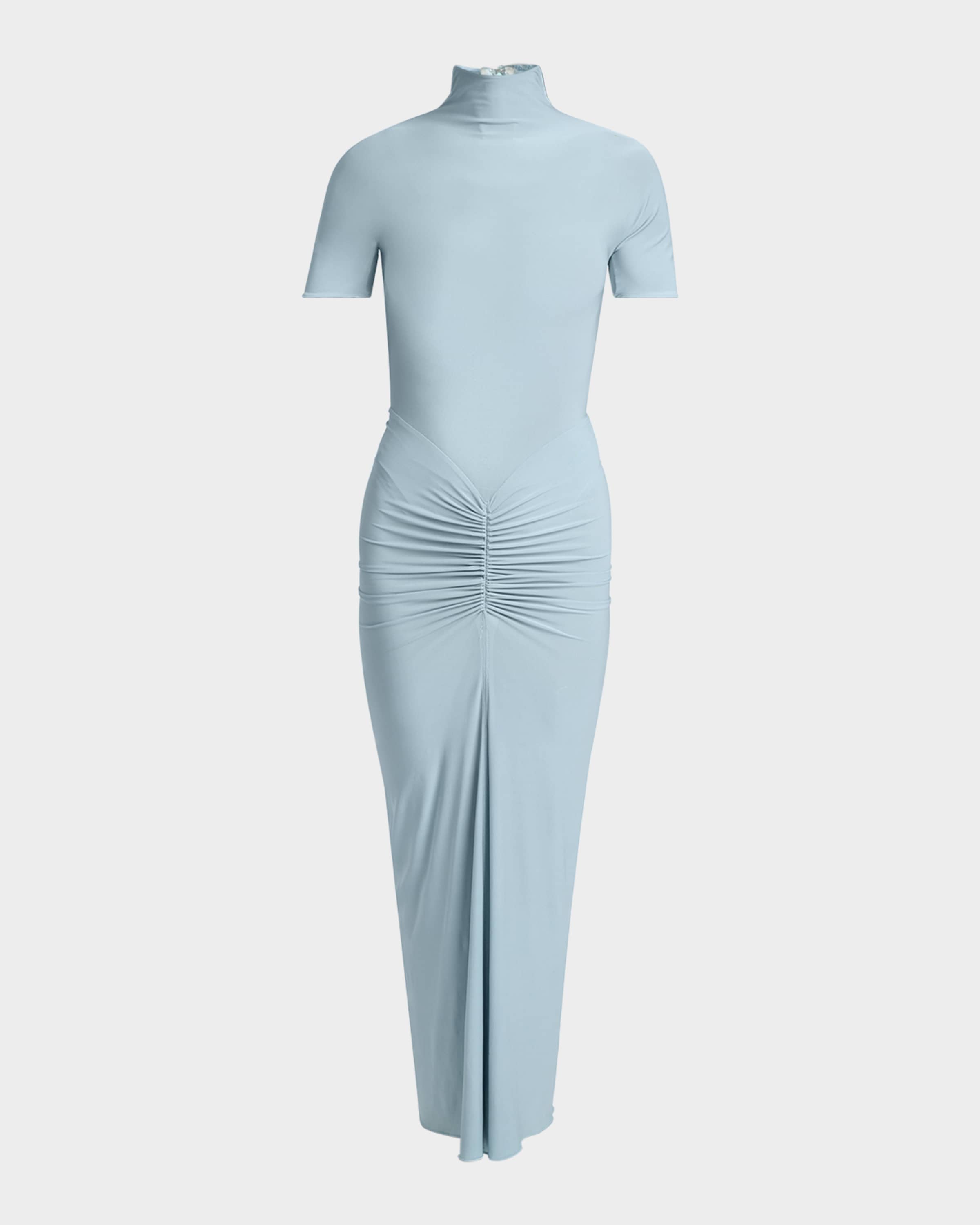 draped mock neck midi sheath dress Maggy London Mock Neck Short Sleeve Draped Midi Sheath Dress