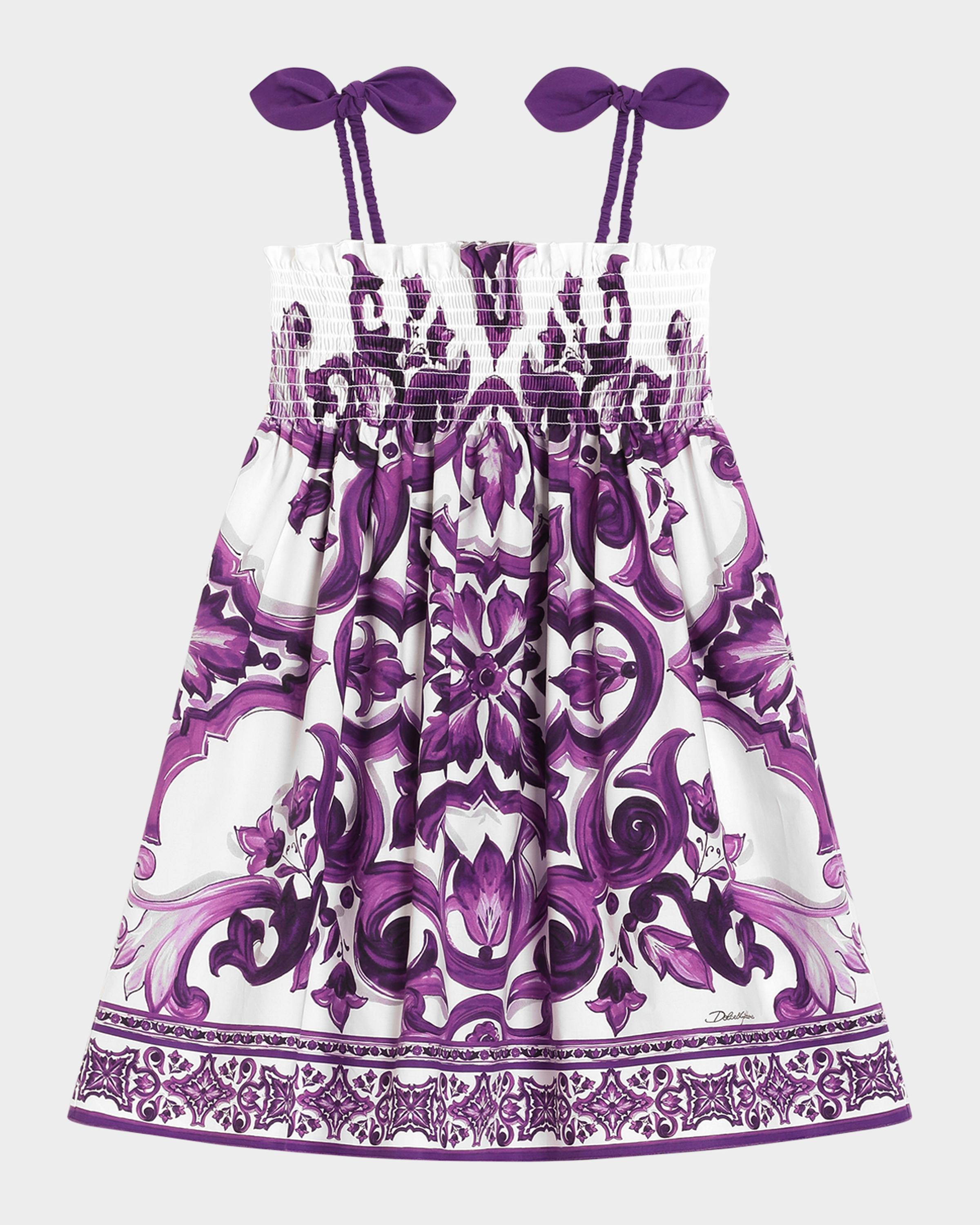 Dolce&Gabbana Girl's Majolica-Print Sleeveless Poplin Dress, Size