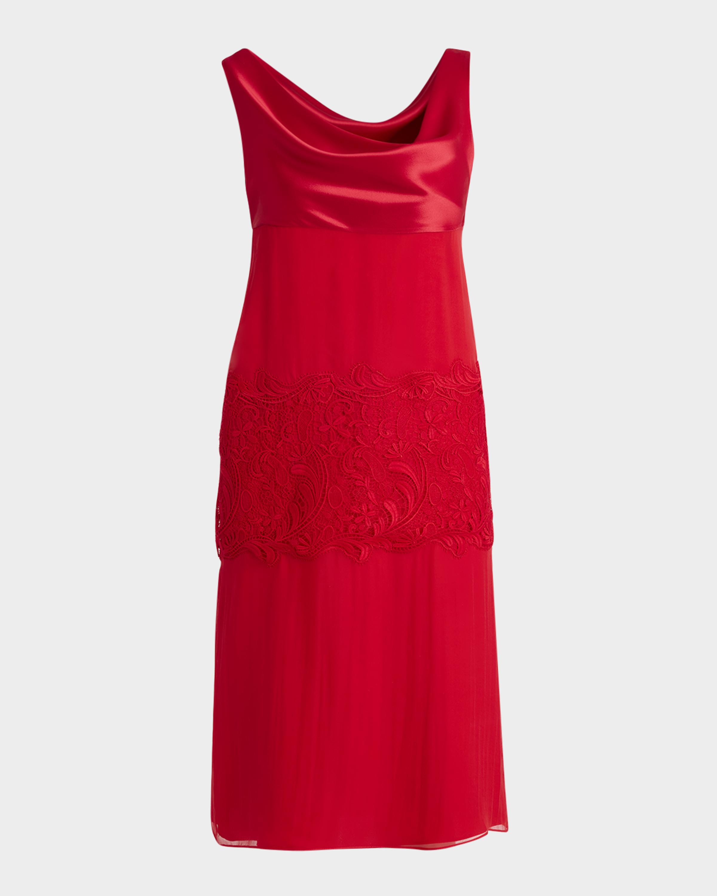 FERRAGAMO lace-Panel Silk Chiffon Midi Dress | Neiman Marcus
