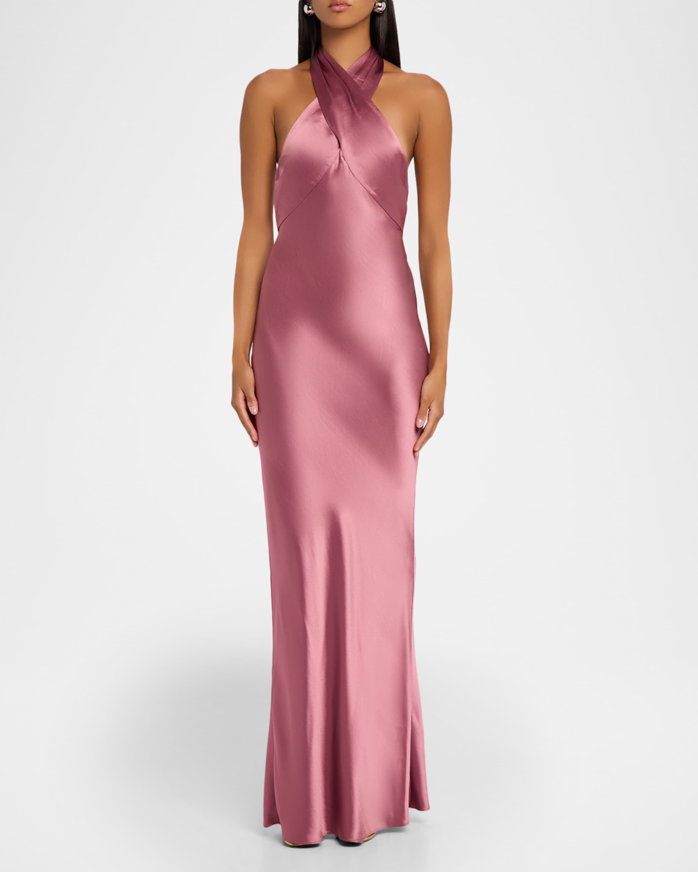 Wrenley Satin Crisscross Halter Gown