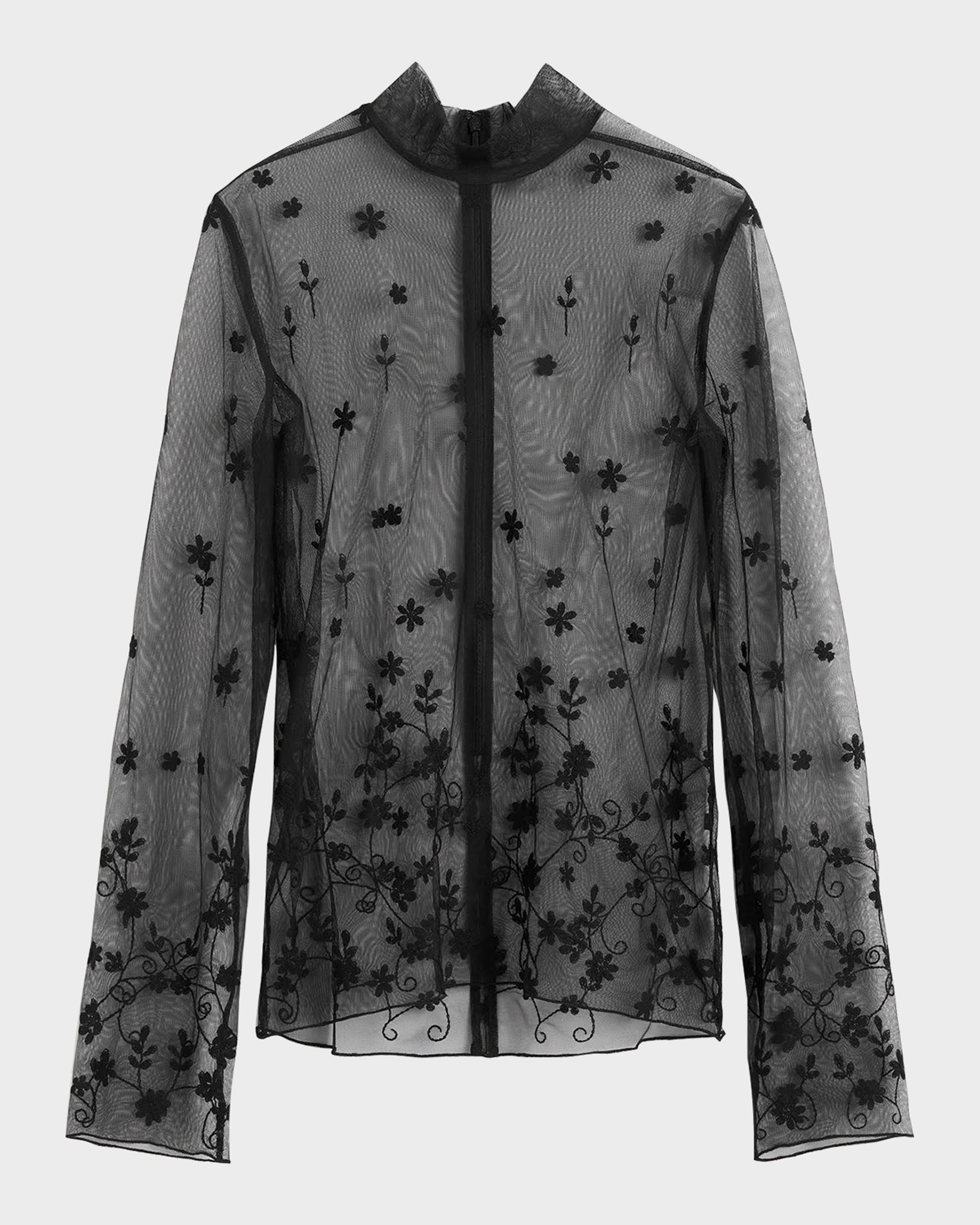 Toteme Turtleneck Floral Tulle Long-Sleeve Blouse | Neiman Marcus
