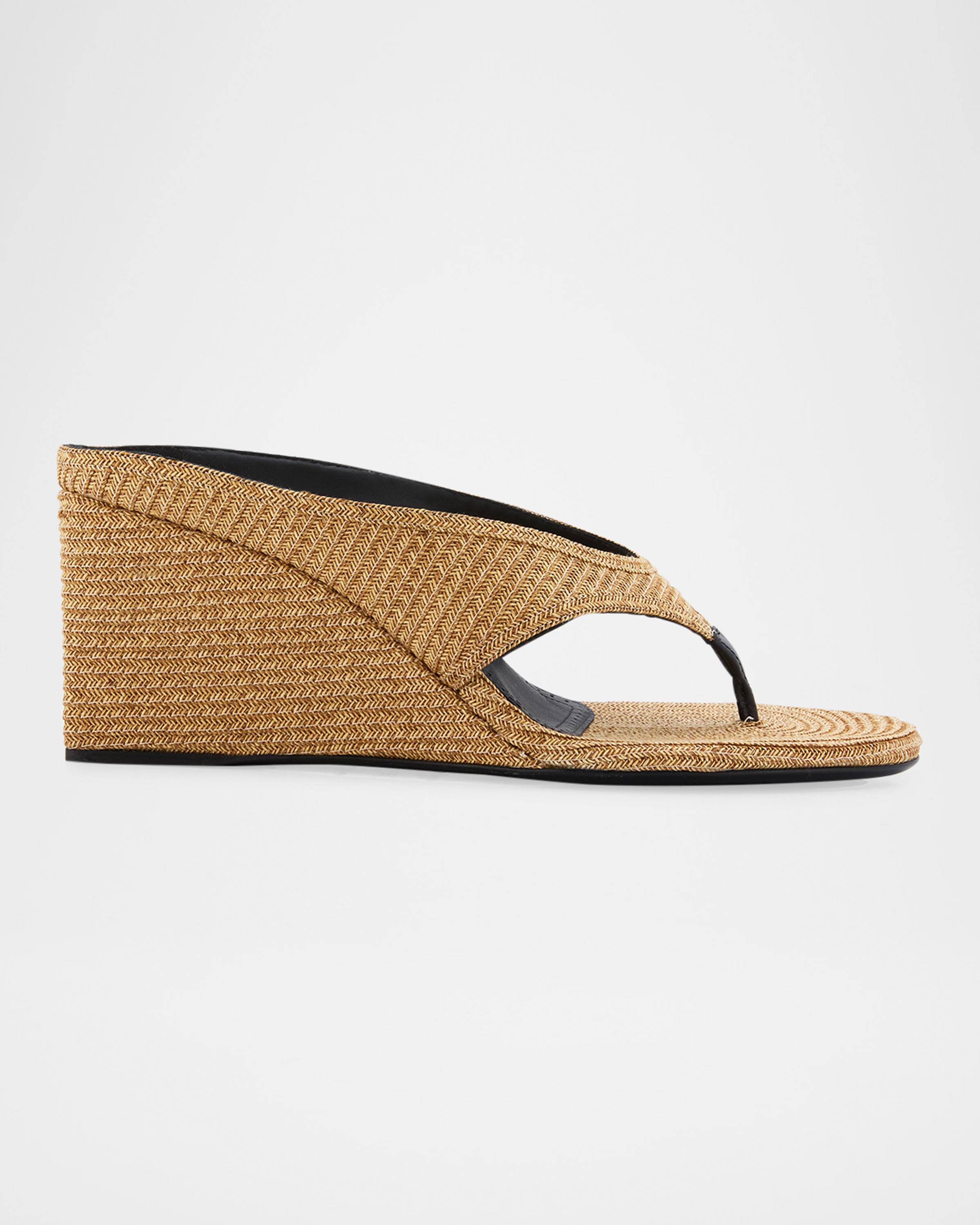ALAÏA Raffia Wedge Thong Sandals | Neiman Marcus