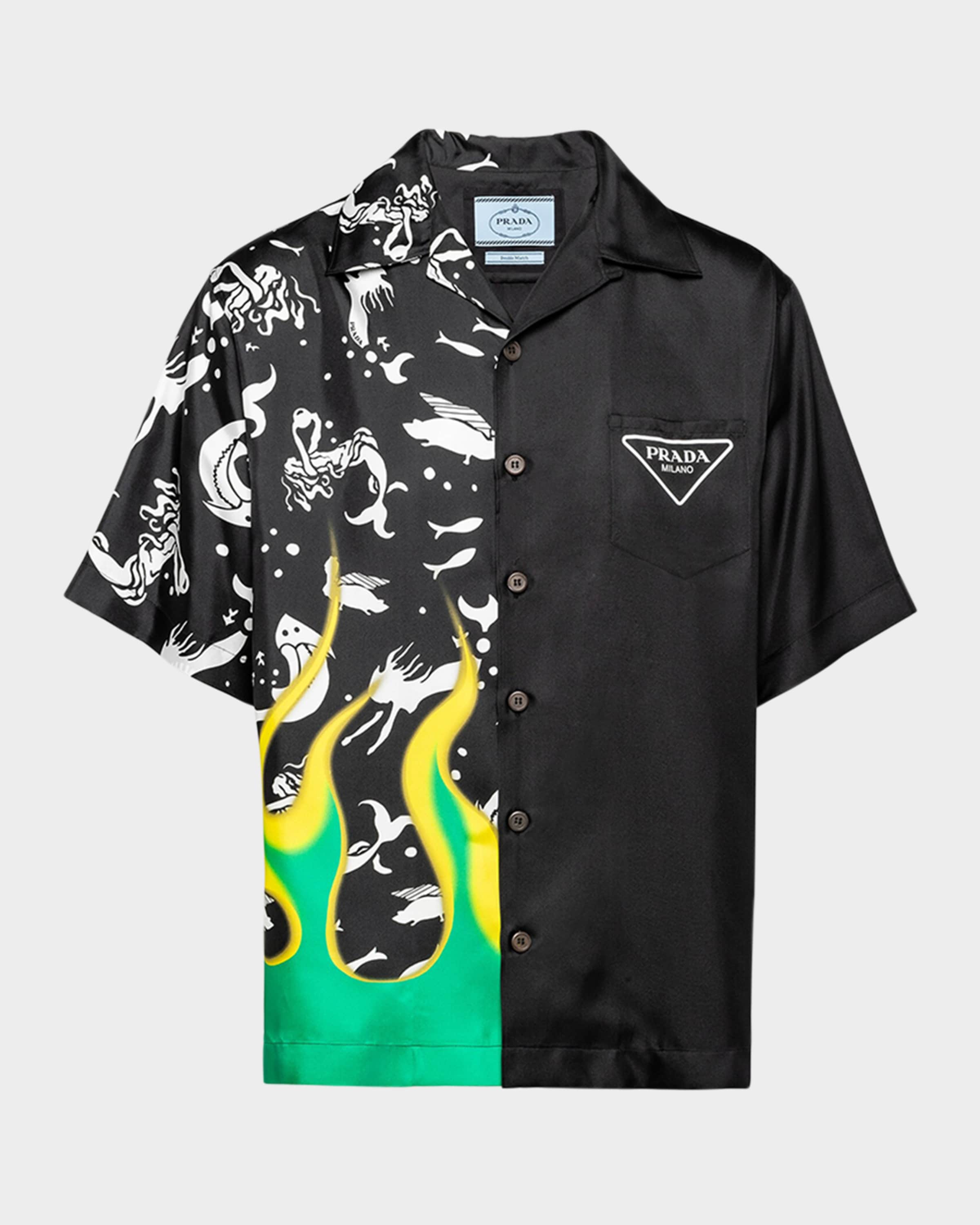 Prada Men's Double Match Silk Twill Camp Shirt | Neiman Marcus