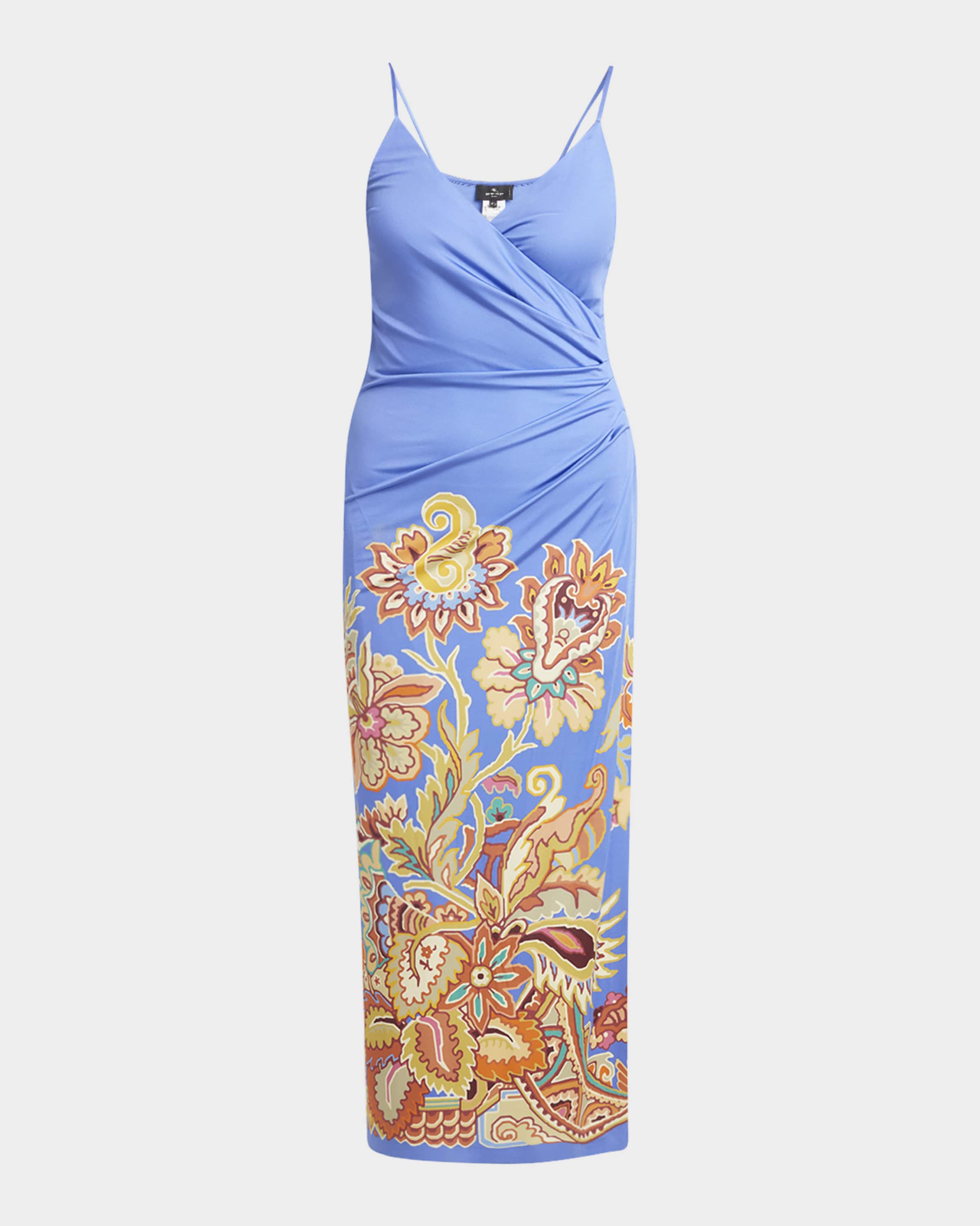 ETRO フラワープリント ミディドレス ブルー Etro Bouquet-Print Draped Jersey Midi Dress | Neiman Marcus