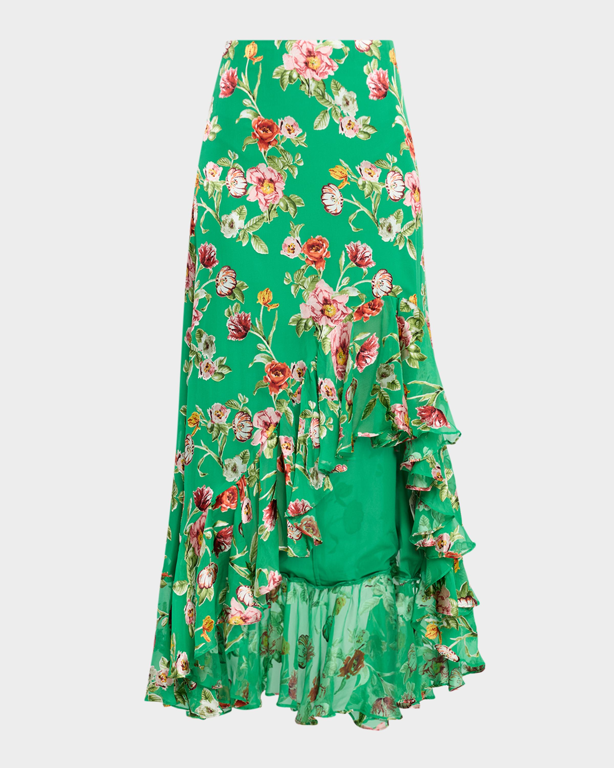 ALICE + OLIVIA Soraya Floral Ruffled High-Low Skirt | Neiman Marcus