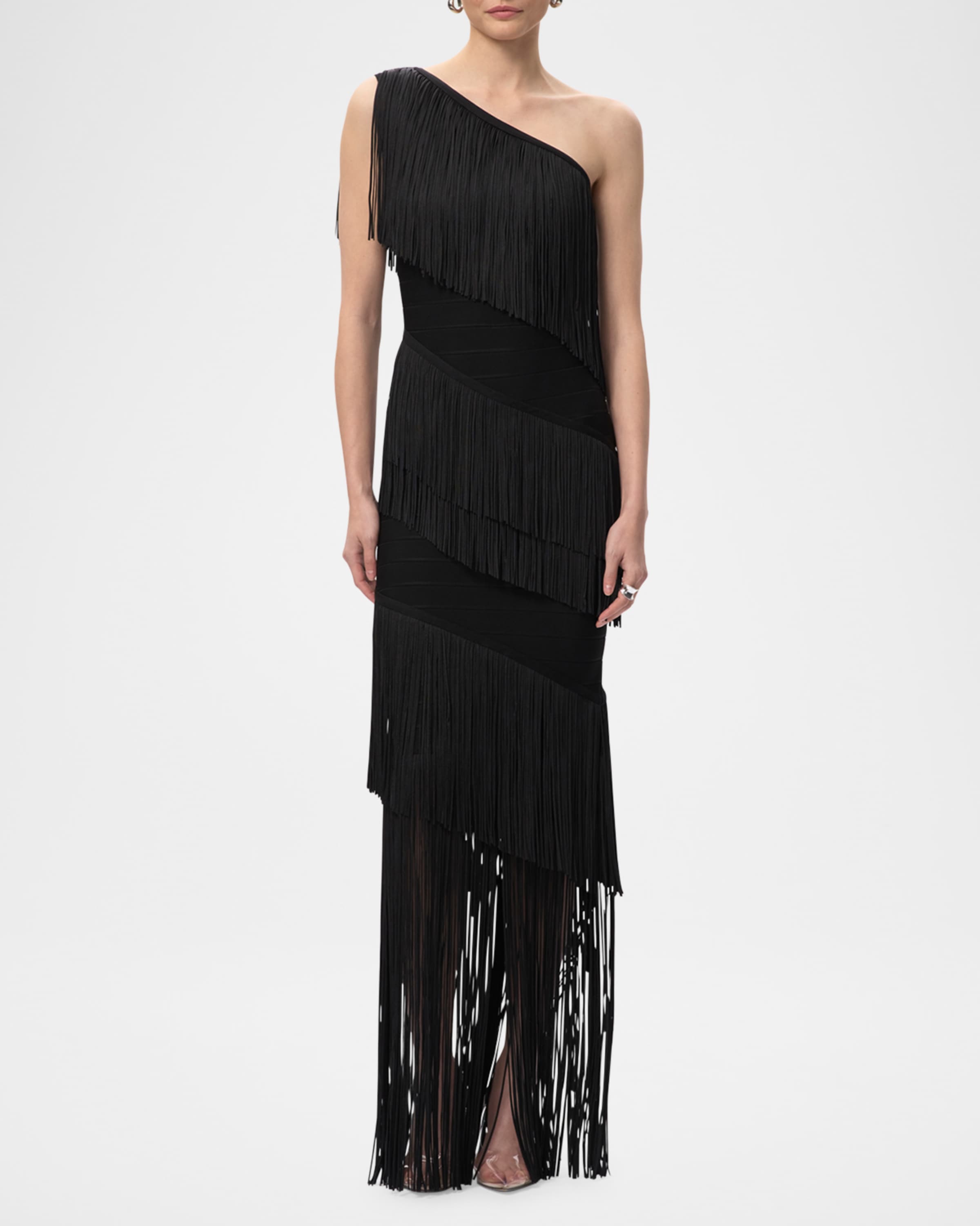 HERVE LEGER | NEIMAN MARCUS — The Eleanor One-Shoulder Fringe Gown