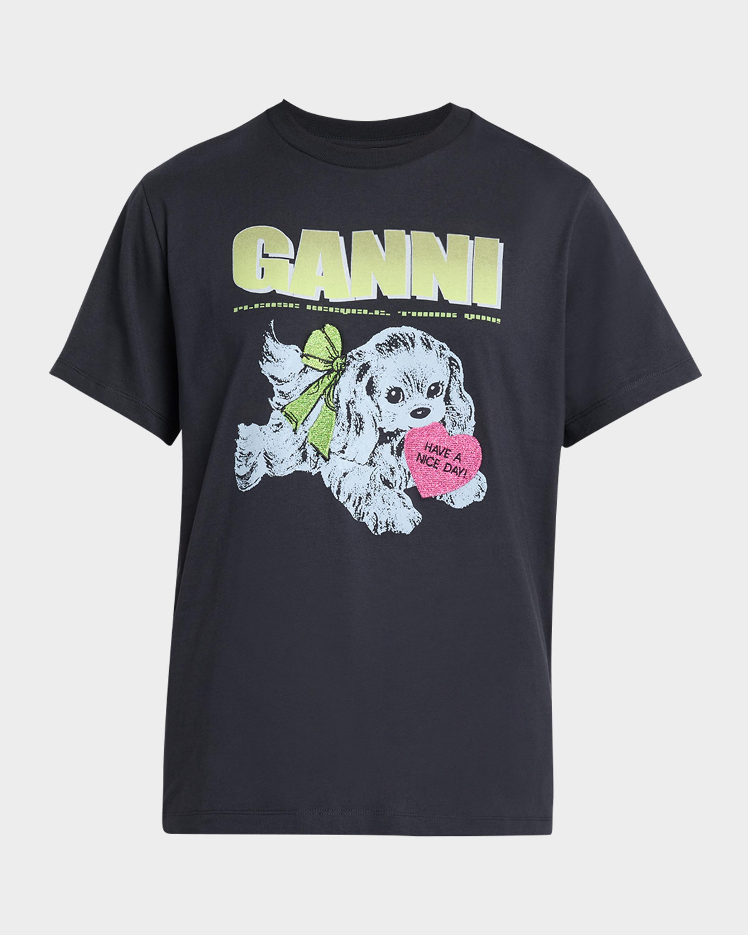 Ganni Cotton-Jersey Crewneck Logo Tee | Neiman Marcus