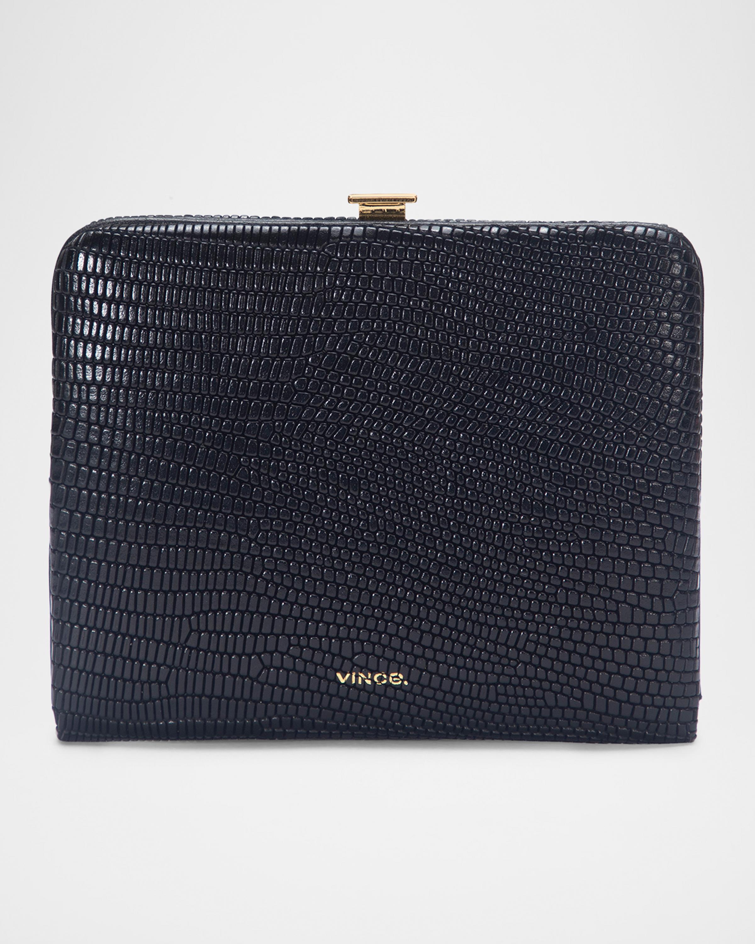 Joan Vass New York Black Lizard Embossed Wallet Gold Zipped card holder - Lizard embossed calfskin & gold-tone  main image 2