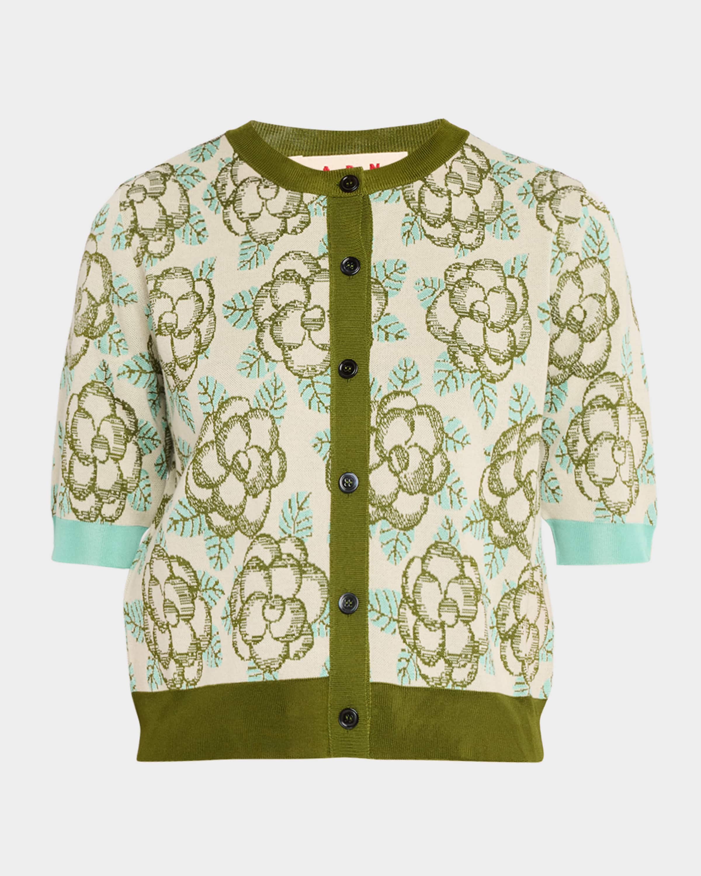 Marni Floral Short-Sleeve Crewneck Cardigan | Neiman Marcus