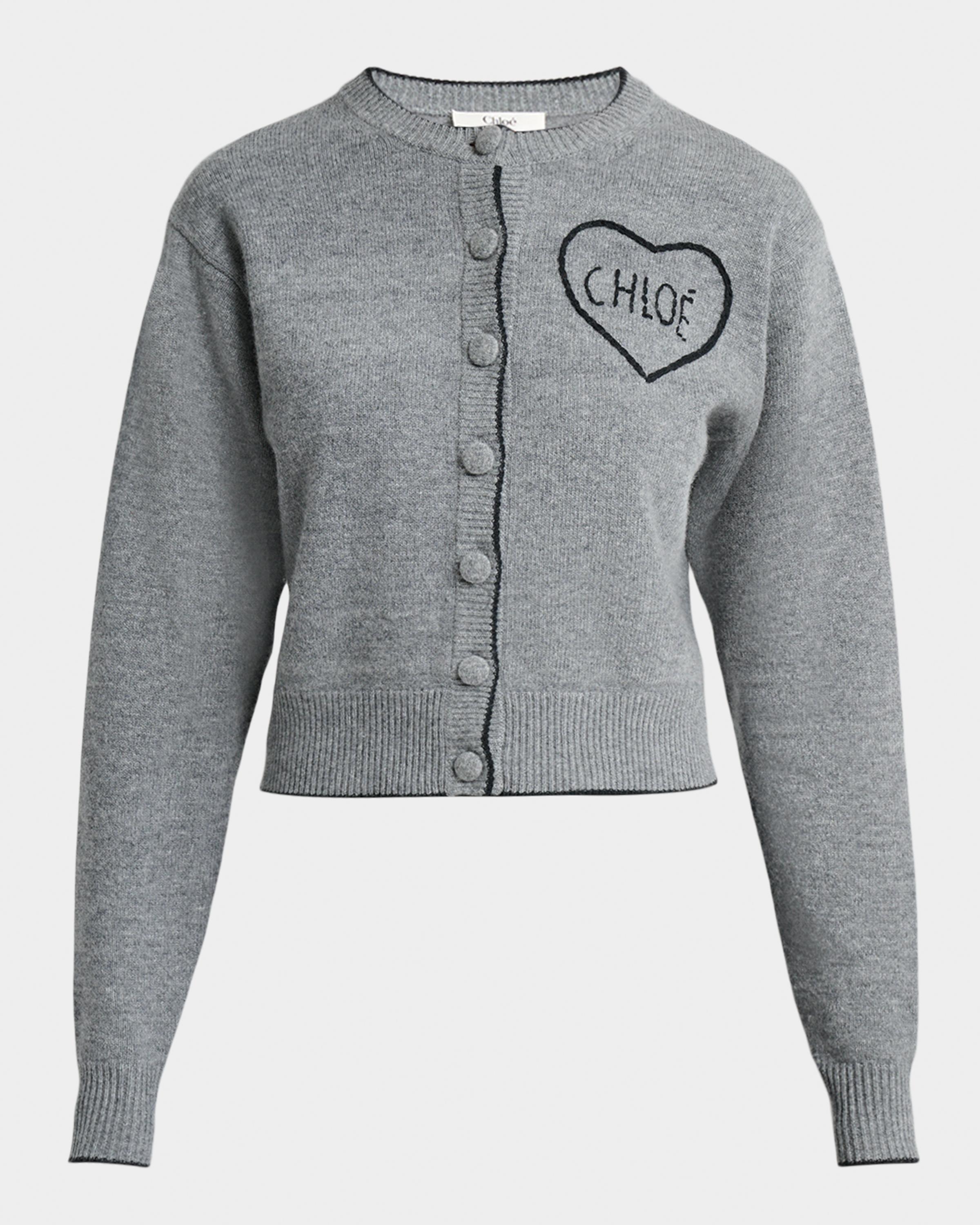 Chloe Logo Heart Wool-Cashmere Crewneck Cardigan | Neiman Marcus