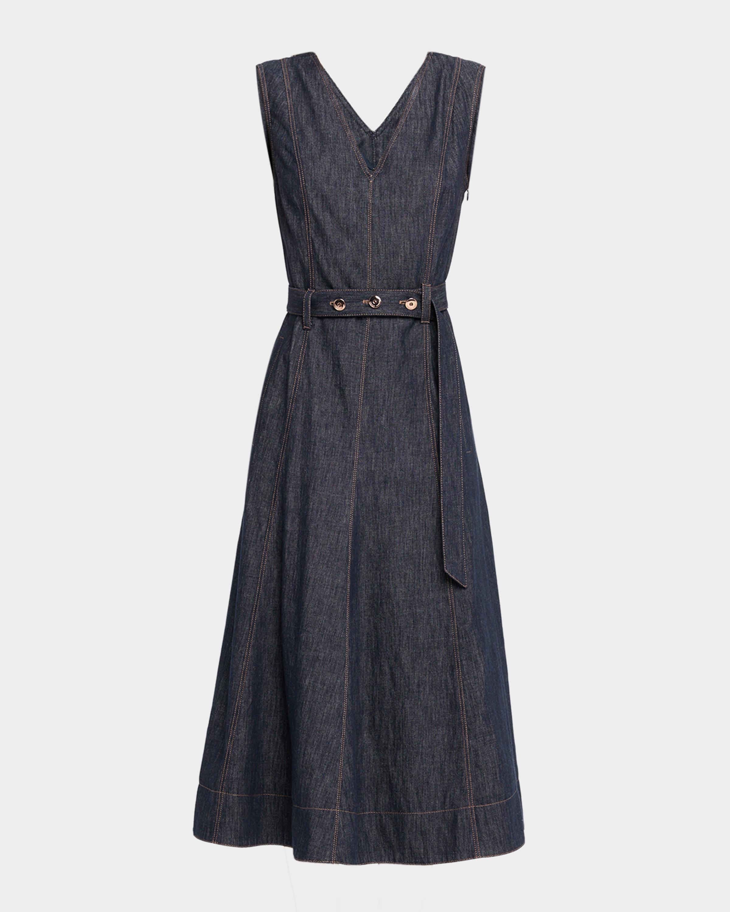 Brunello Cucinelli V-Neck Sleeveless Denim Belted Midi Dress