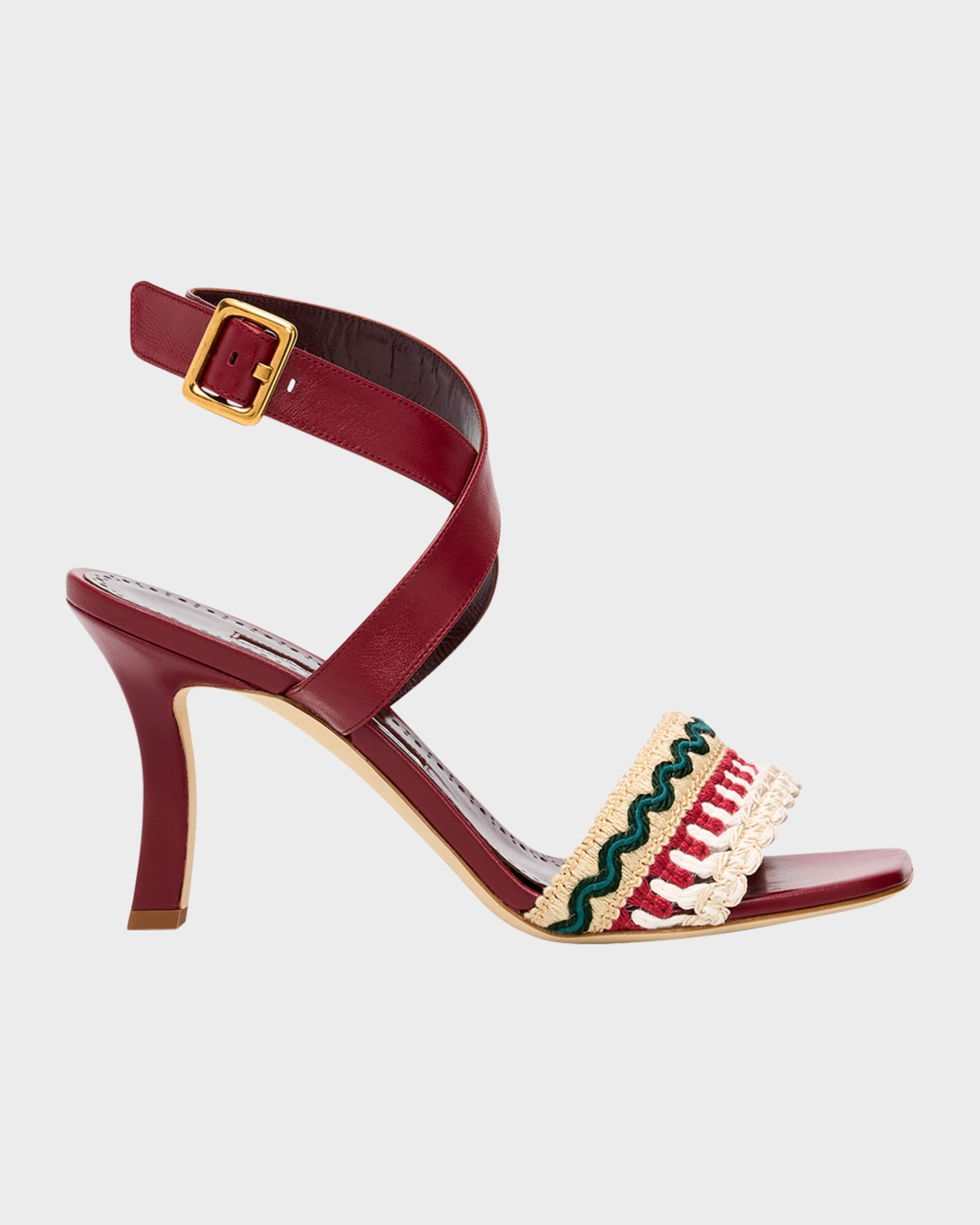 Manolo Blahnik 90mm Mabeco Embroidered Crochet Leather Sandals