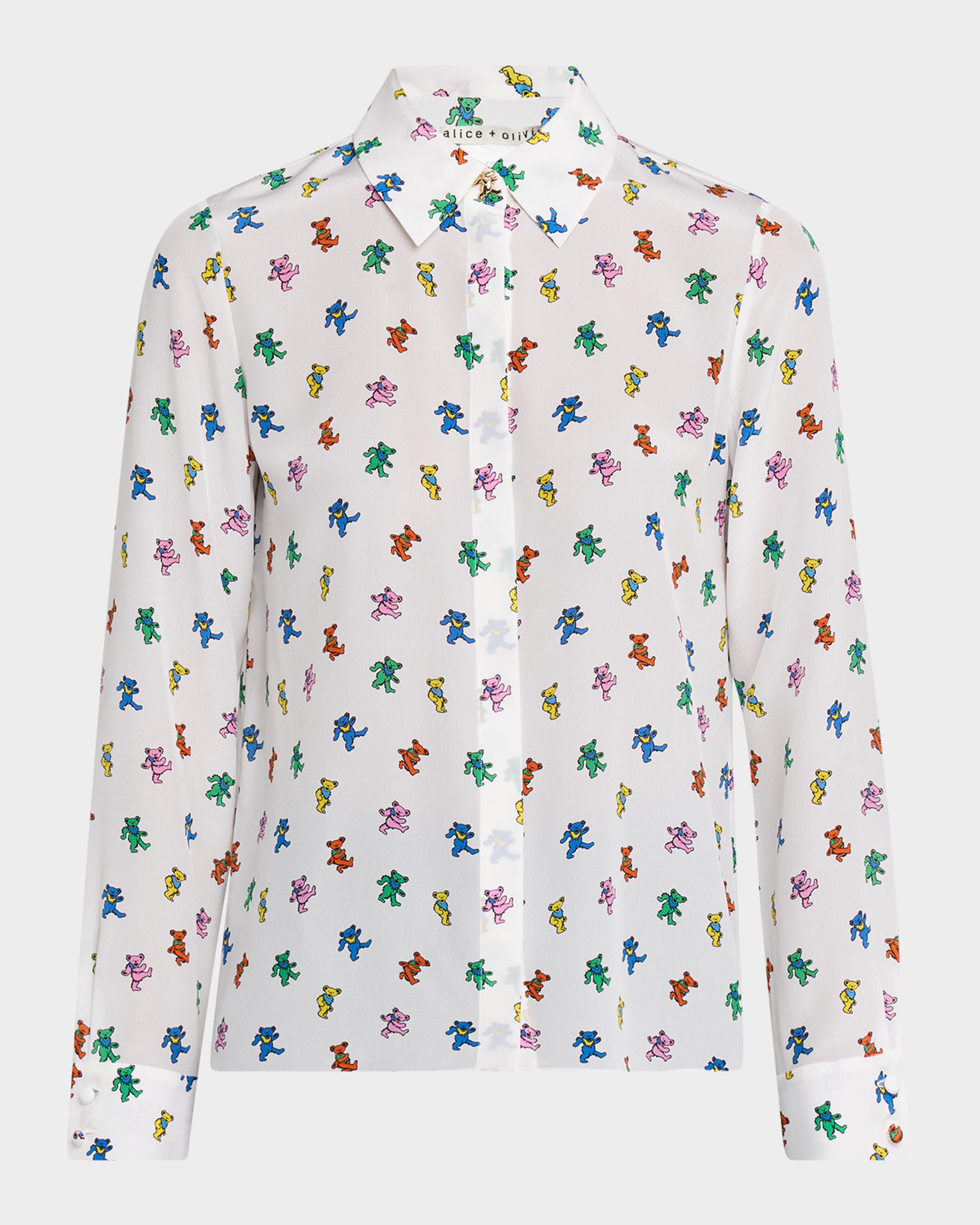 ALICE + OLIVIA Rainbow Bears Willa Placket Top | Neiman Marcus