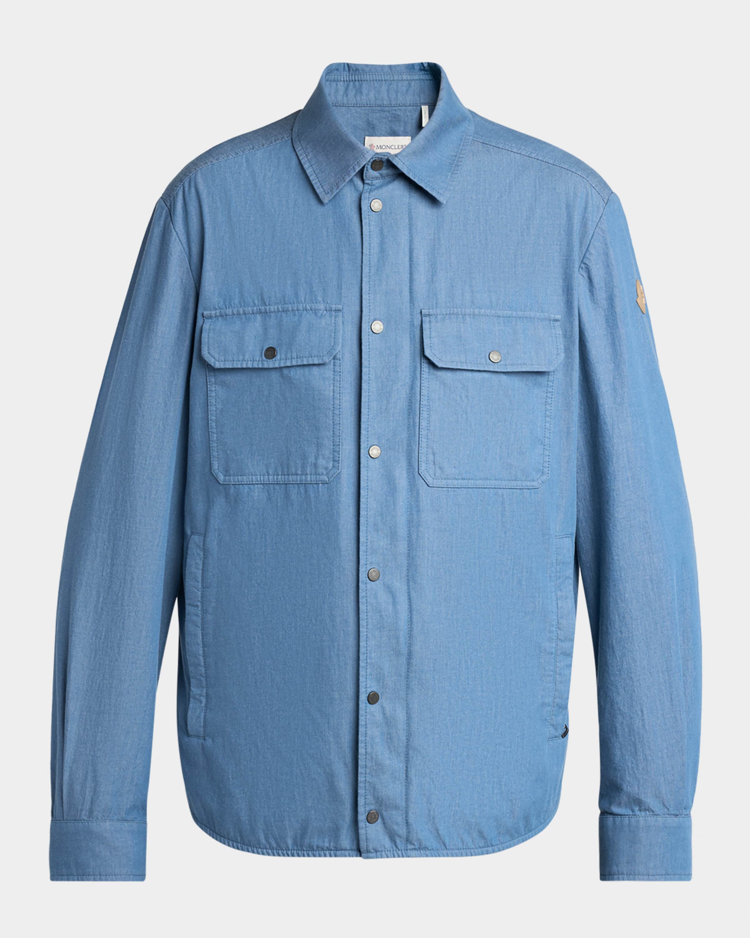 Moncler Men's Denim Snap-Front Shirt with Leather Patch | Neiman