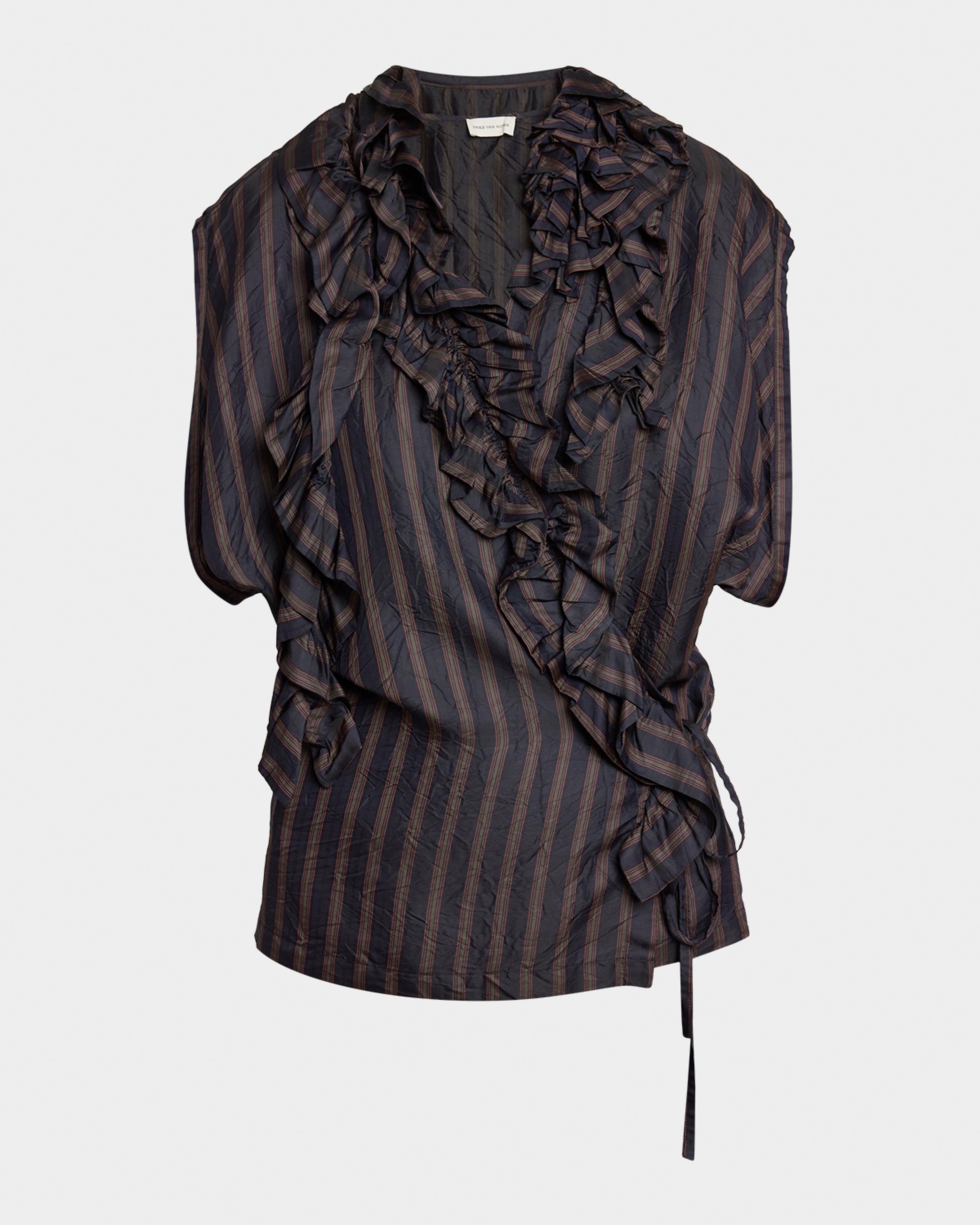 Dries Van Noten Clematis Striped Ruffle Cap-Sleeve Wrap Top