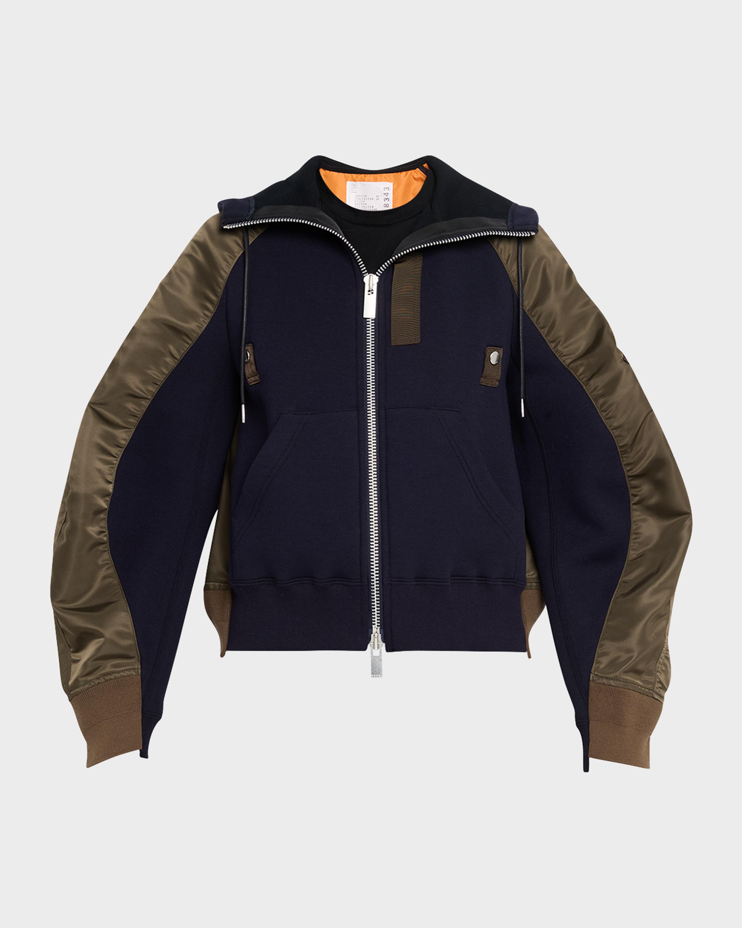 sacai Mixed-Media Zip Hooded Jacket | Neiman Marcus