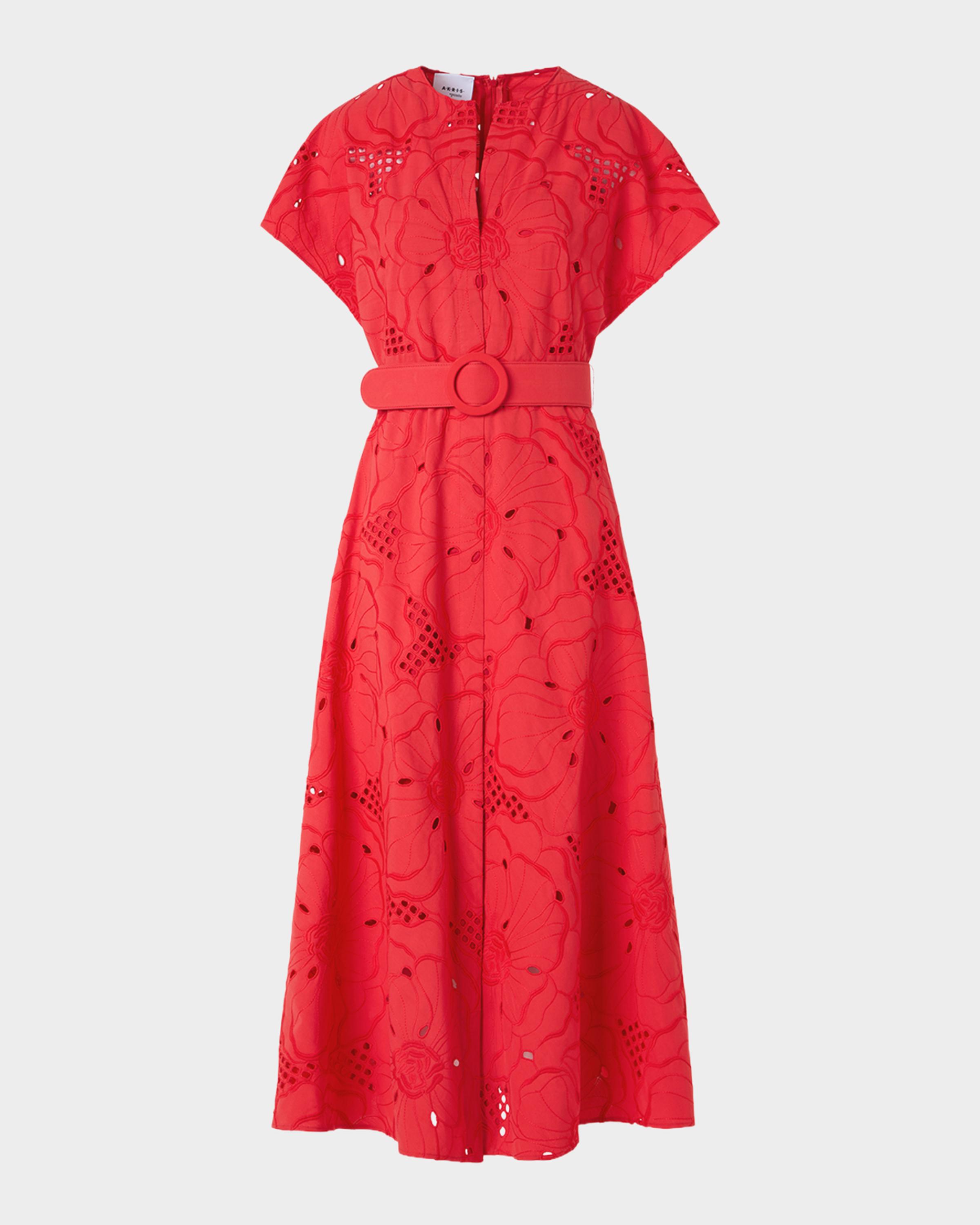 アクリス AKRIS punto レッド フレアワンピース Akris punto Floral Eyelet Embroidered Short-Sleeve Belted Midi
