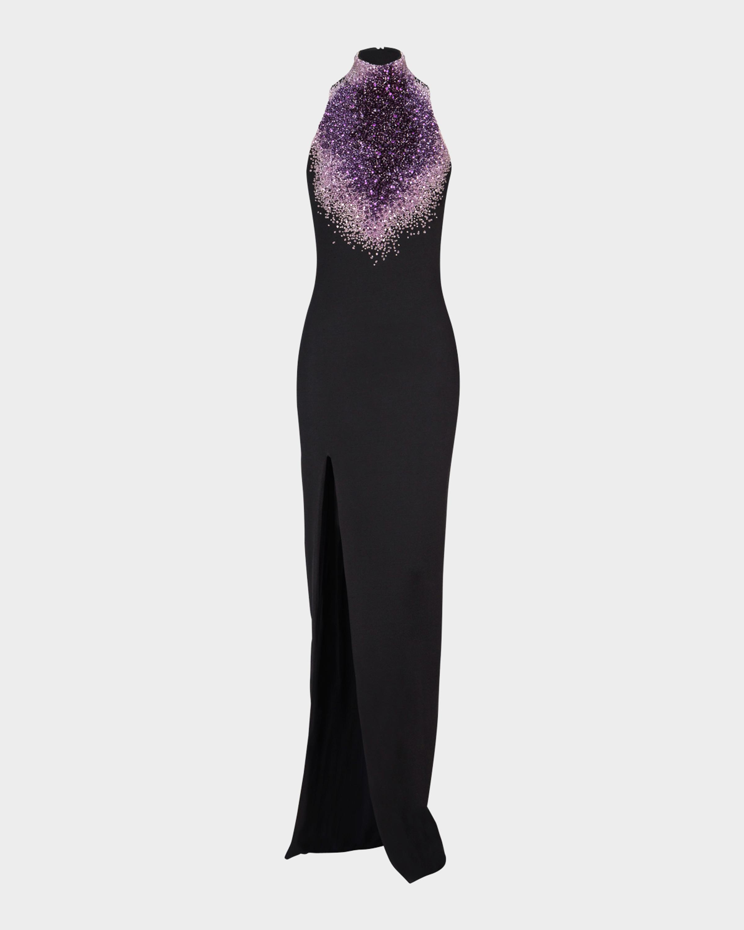 Balmain Sleeveless Amethyst Embroidered Milano Jersey Slit Gown