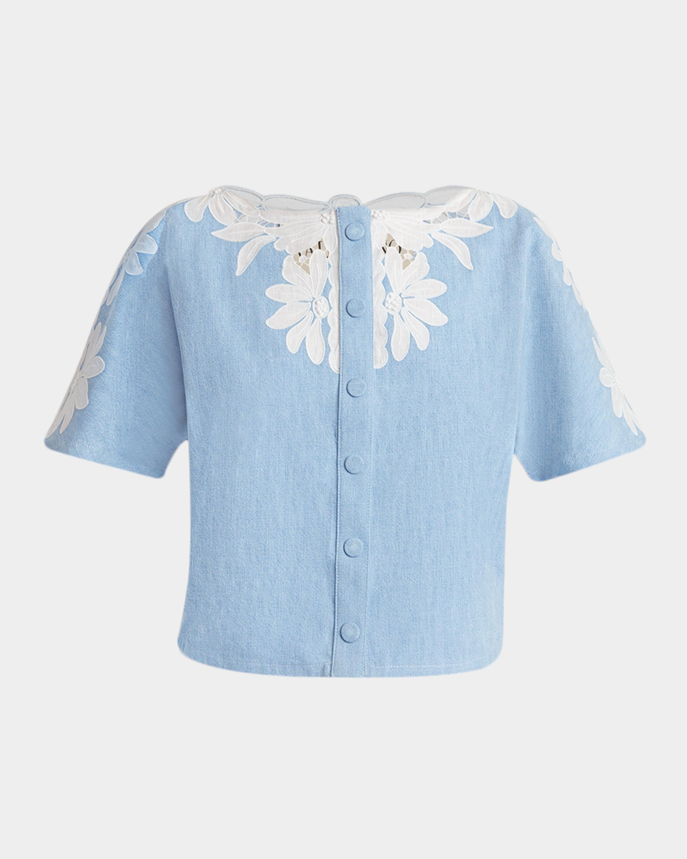 Valentino Garavani Short-Sleeve Floral Embroidered Denim Button