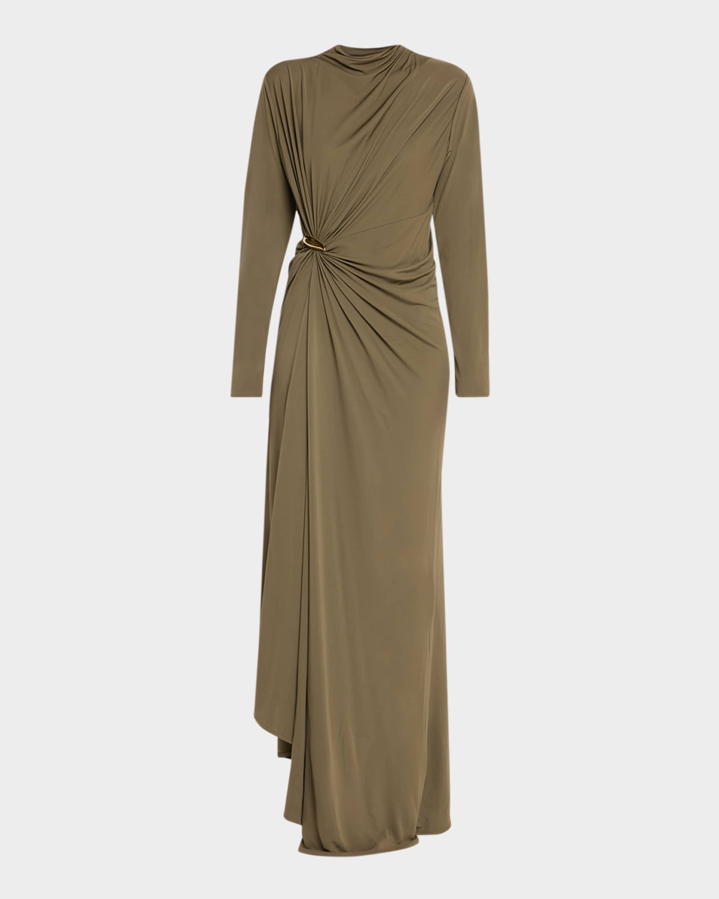 Bottega Veneta Long-Sleeve Draped Matte Crepe Maxi Dress | Neiman