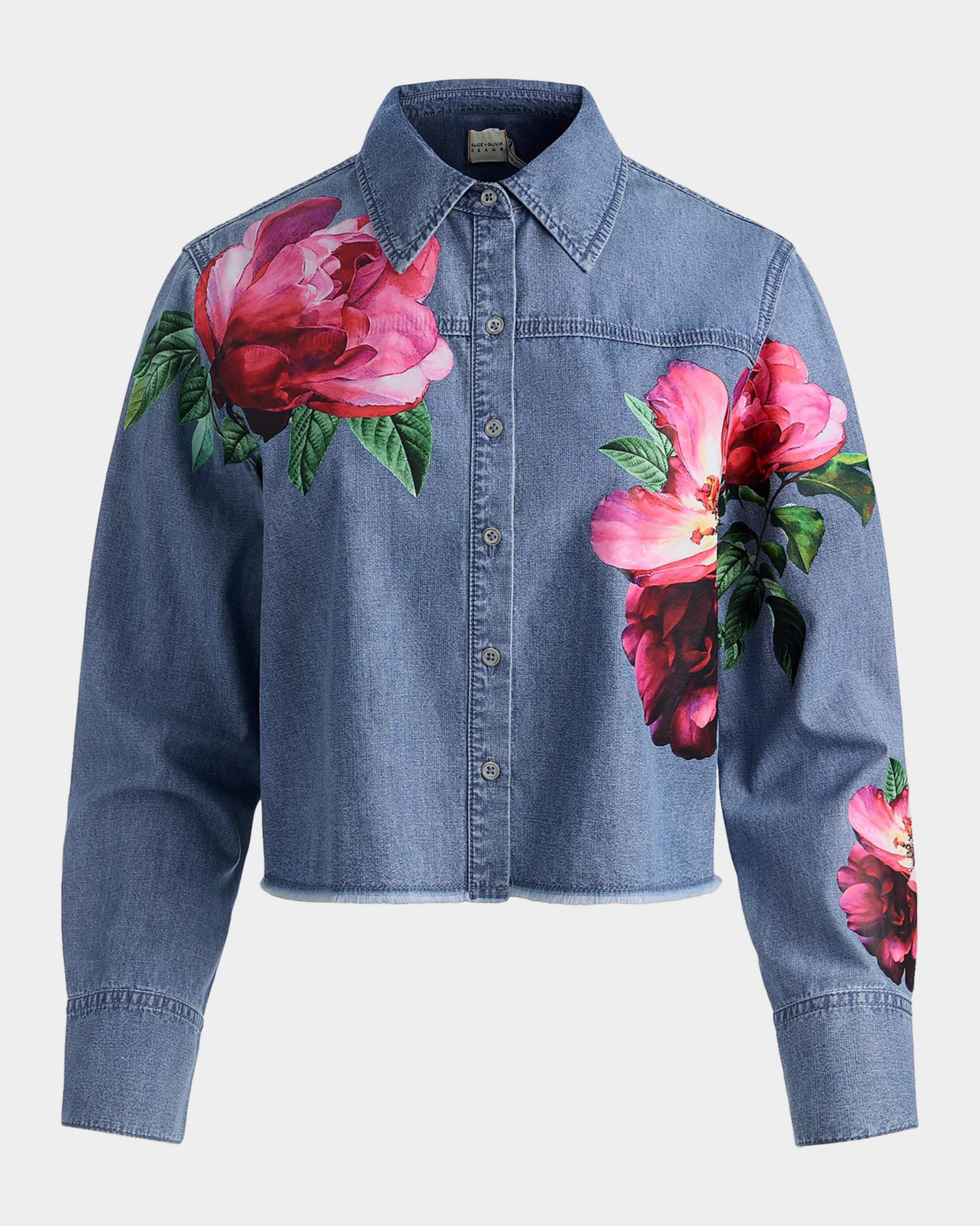 ALICE + OLIVIA Finely Floral Denim Oversized Crop Jacket | Neiman