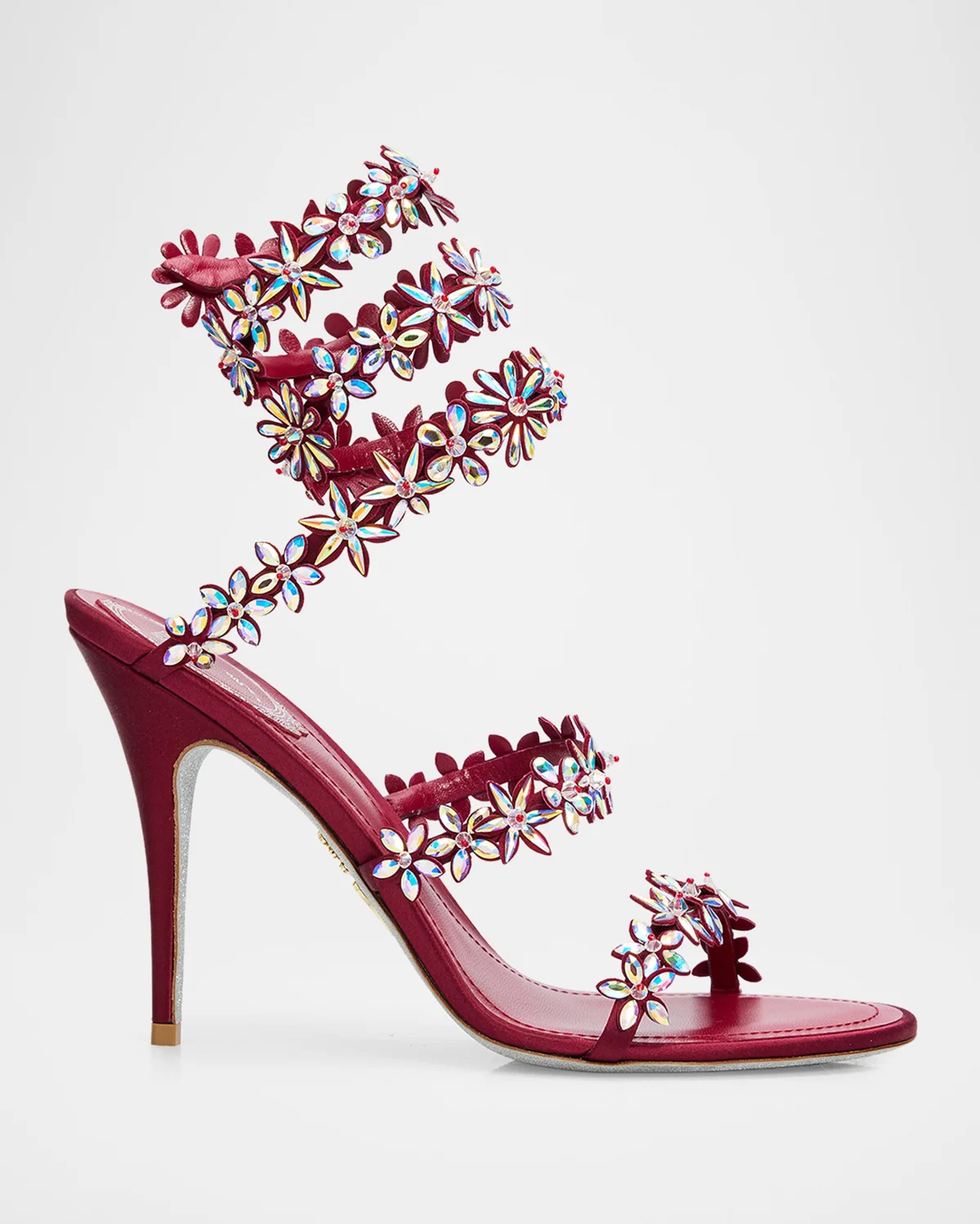 Rene Caovilla 100mm Floral Crystal Satin Ankle-Wrap Sandals
