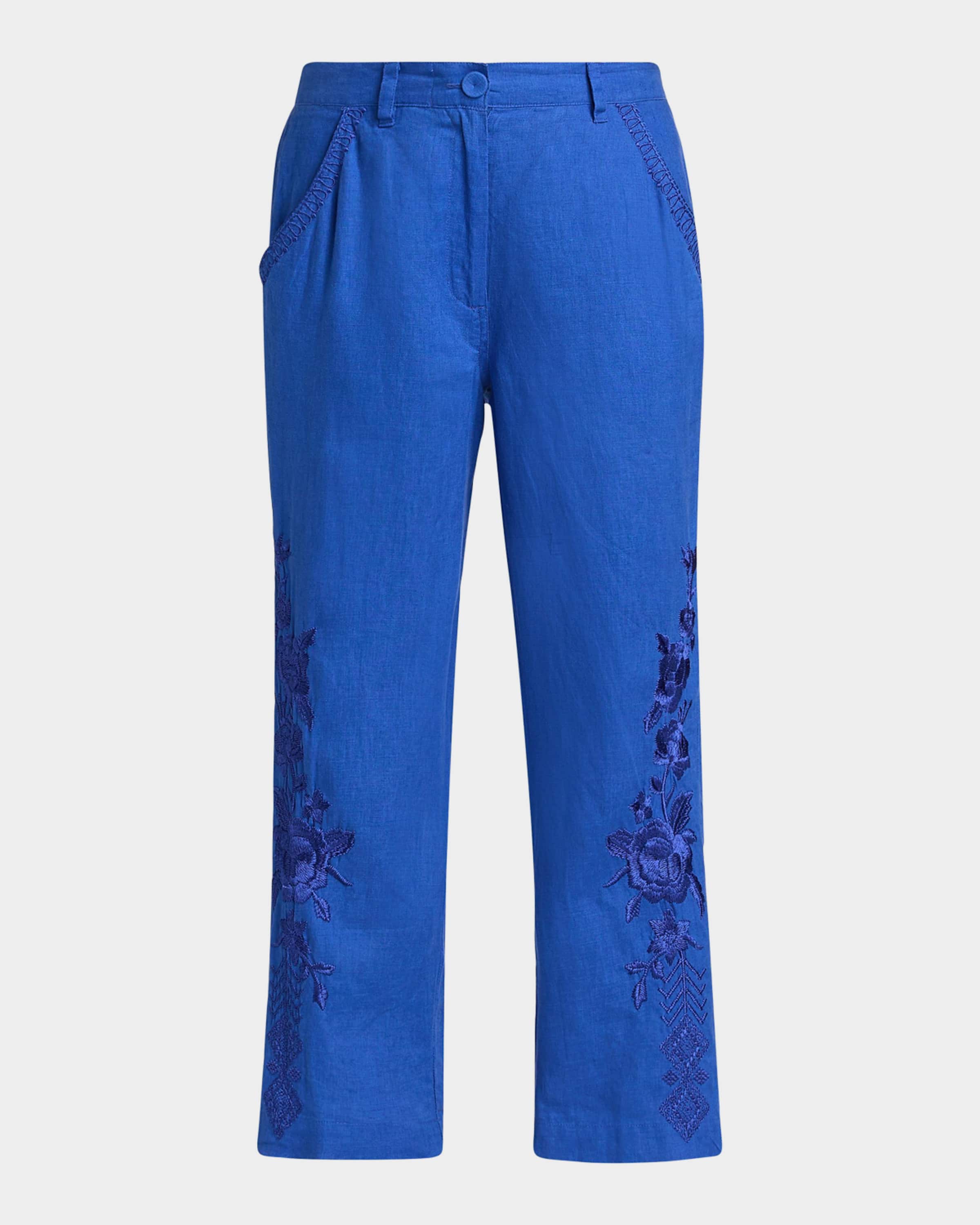 Johnny Was Cropped Floral-Embroidered Linen Pants | Neiman Marcus