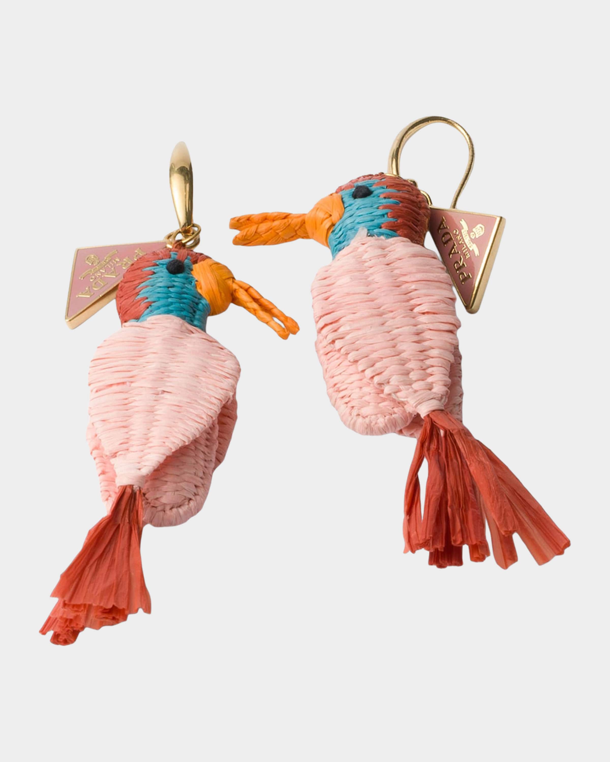Prada Metal and Raffia Crochet Bird Earrings | Neiman Marcus