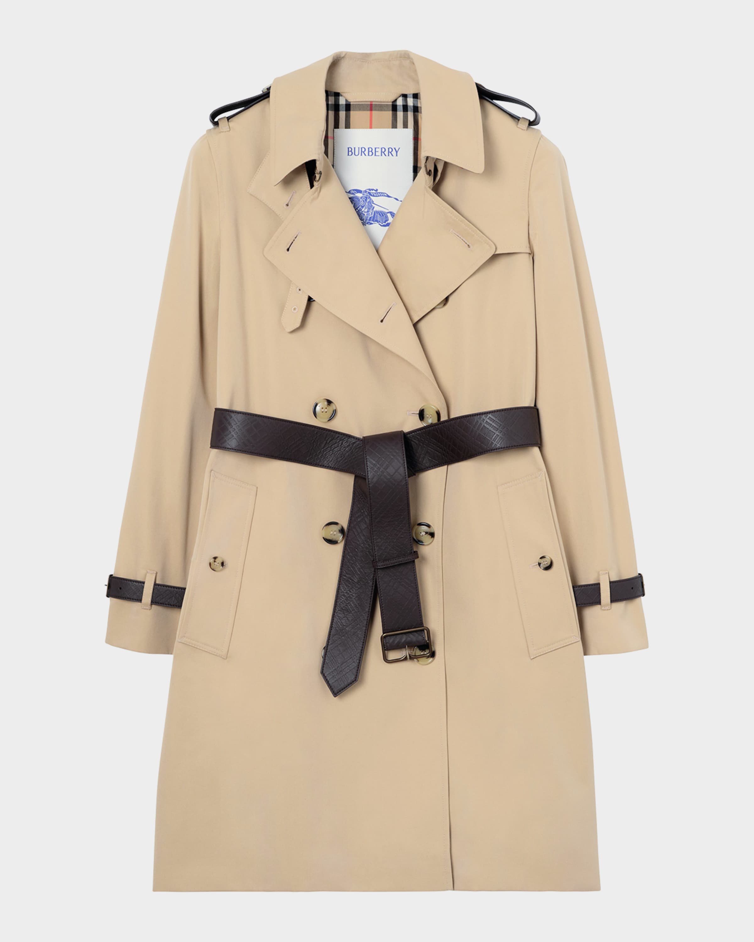 Burberry Kensington Leather-Trim Double-Breasted Trench Coat