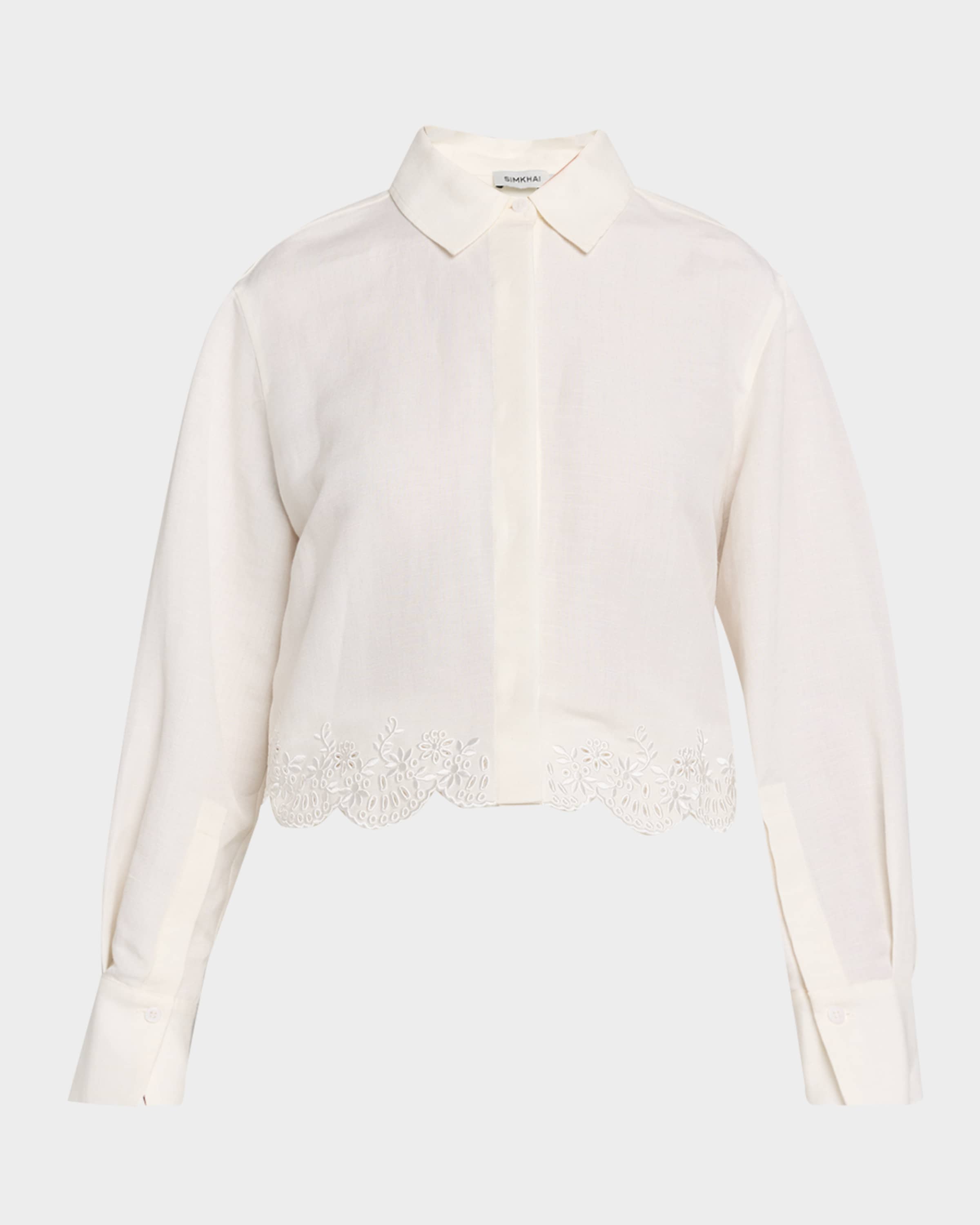 SIMKHAI Ames Embroidered Linen-Blend Shirt | Neiman Marcus