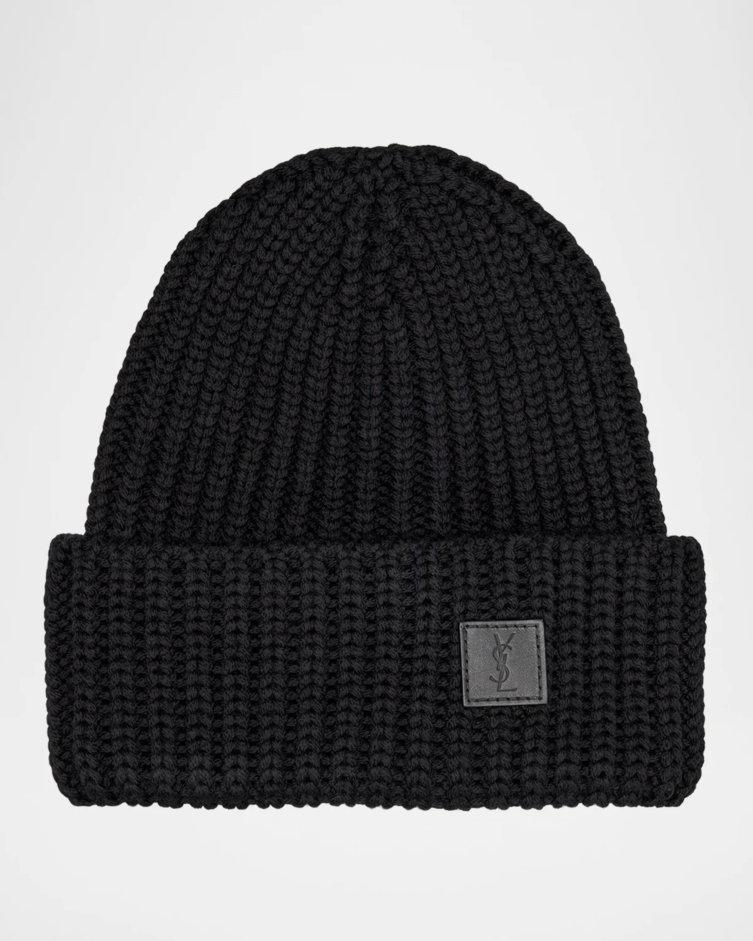 帽子 SAINT LAURENT beanie Saint Laurent Men's Ribbed Wool YSL-Patch Beanie Hat | Neiman Marcus