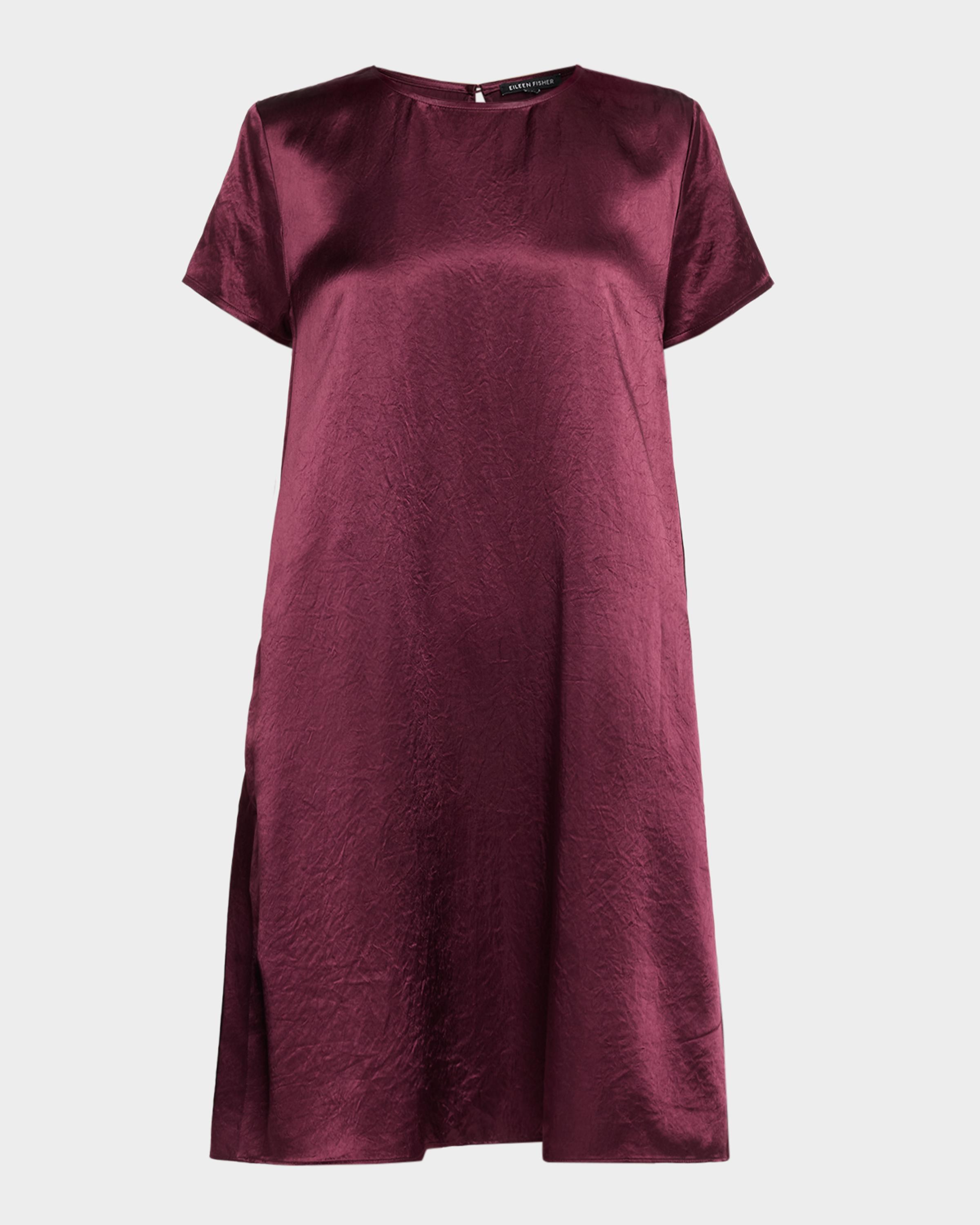 Eileen Fisher Short-Sleeve Satin Mini Shift Dress | Neiman Marcus